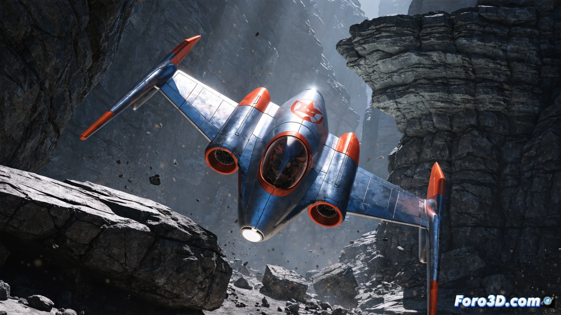 Arwing spacecraft flying through Corneria city ruins at high speed, laser bolts impacting metallic debris, cockpit glass reflecting digital wireframe HUD overlay, joystick and throttle controls glowing with button inputs, circuit board patterns visible on wing panels, old CRT monitor displaying 3D polygonal terrain next to modern OLED screen showing upgraded textures, cinematic technical illustration, blue and orange neon lighting, particle trails from boost engines, motion blur on spinning cannons, photorealistic engineering visualization.