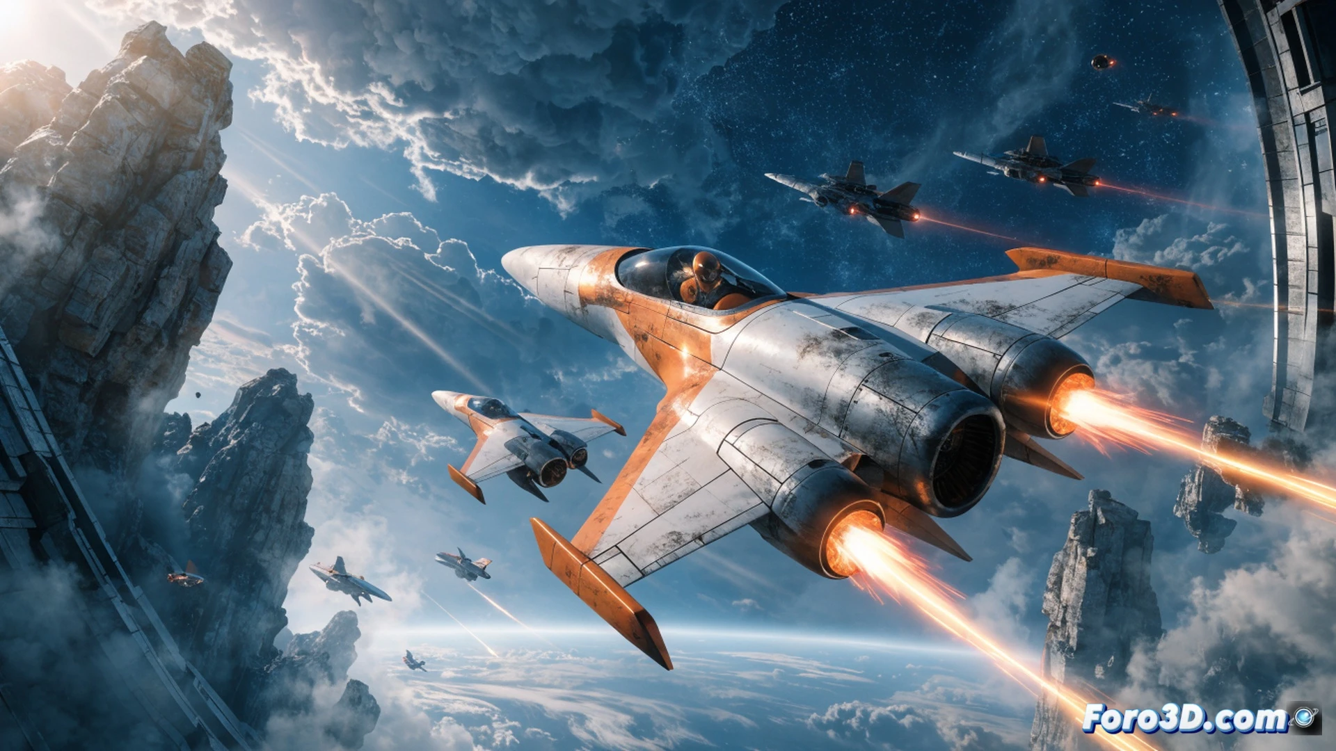 Nave estelar Arwing plateada sobrevolando un cañón alienígena en llamas, deslizándose entre láseres enemigos rojos mientras dispara proyectiles azules, motor trasero con escape de plasma brillante, alas articuladas en plena maniobra evasiva, cockpit con piloto antropomórfico zorro concentrado, durante una tormenta eléctrica digital, estilo cinematic photorealistic, iluminación dramática con destellos de explosiones, humo y partículas metálicas, texturas de metal rayado y paneles electrónicos, fondo con ruinas de estructuras mecánicas, demostrando acción intensa de combate aéreo futurista.