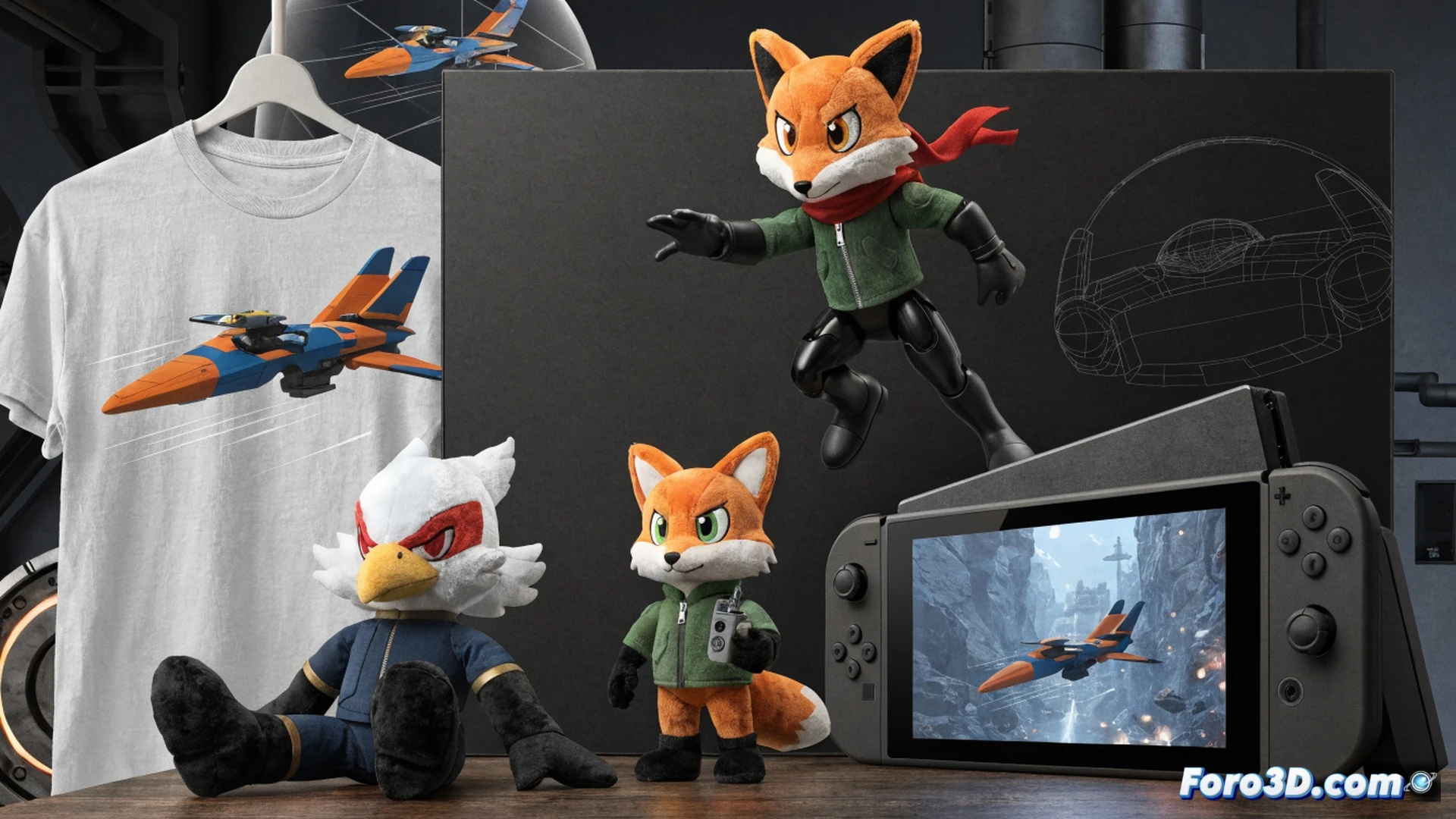Star Fox action figure assembly line on a wooden desk, small plastic Arwing ship being placed next to a plush fox doll, price tags showing normal figures without markup, scattered game cartridges and Switch 2 console nearby, hands carefully arranging collectibles, warm ambient lighting, soft shadows, photorealistic technical illustration, clean product photography style, detailed fabric texture on plush, glossy plastic reflections on figures, organized clutter of unboxed merchandise, nostalgic gaming atmosphere, ultra-sharp focus on items
