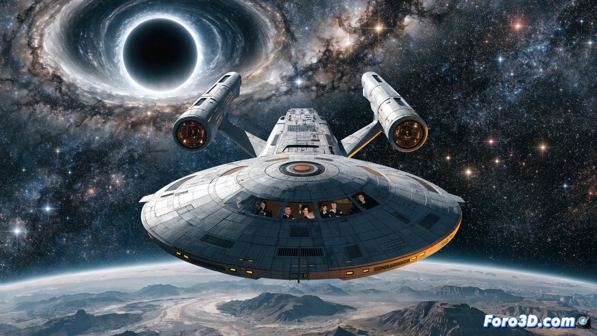 USS Enterprise-G bridge during warp battle, tactical holographic display showing enemy ship trajectories, engineering console with plasma conduit diagnostics, crew members at stations with illuminated control panels, phaser fire impacting shields creating energy ripples, cinematic sci-fi visualization, lens flare from warp core glow, metallic bulkheads with visible panel seams, dynamic action poses, dramatic blue and orange lighting, ultra-detailed starship interior, photorealistic technical render