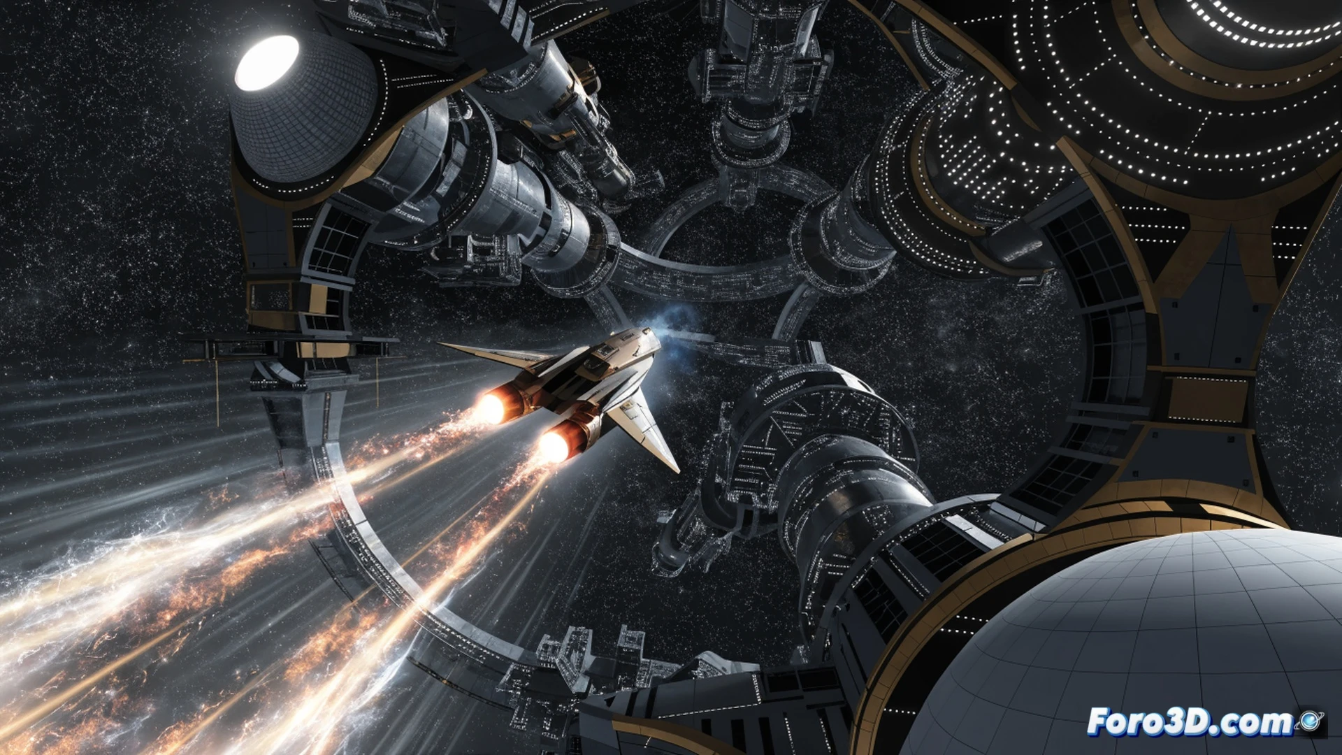 Star Trek starship docking sequence in Unity engine, USS Enterprise approaching a cylindrical starbase, warp nacelles glowing with blue light, clean futuristic hull lines, station docking arms extending during approach, particle trails from impulse engines, minimal HUD elements visible, cinematic technical visualization, sharp metallic surfaces, soft ambient space lighting, starfield background with subtle nebula colors, photorealistic engineering render, demonstrating smooth motion and clear visual hierarchy, no text or numbers