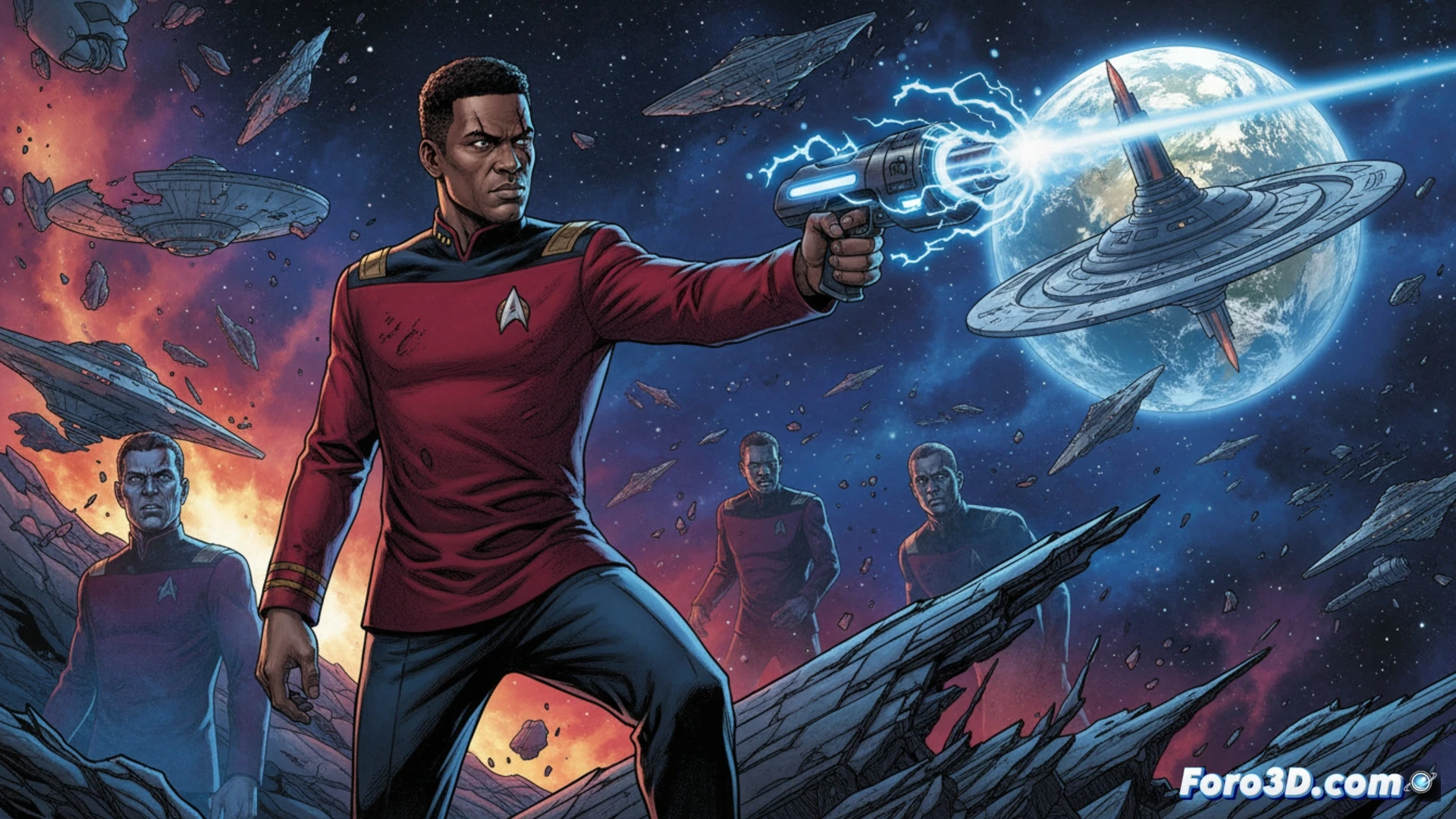 Star Trek uniformed officer standing on a starship bridge, holding a glowing phaser rifle aimed at a senior command figure, holographic display showing crew casualty statistics with red markers, broken comm panel sparking nearby, other crew members in yellow and blue uniforms frozen in shock, cinematic science fiction illustration, dramatic lighting from emergency red alert panels, metallic bulkheads with scorch marks, realistic fabric textures on uniforms, intense facial expressions, photorealistic digital render, wide-angle lens perspective