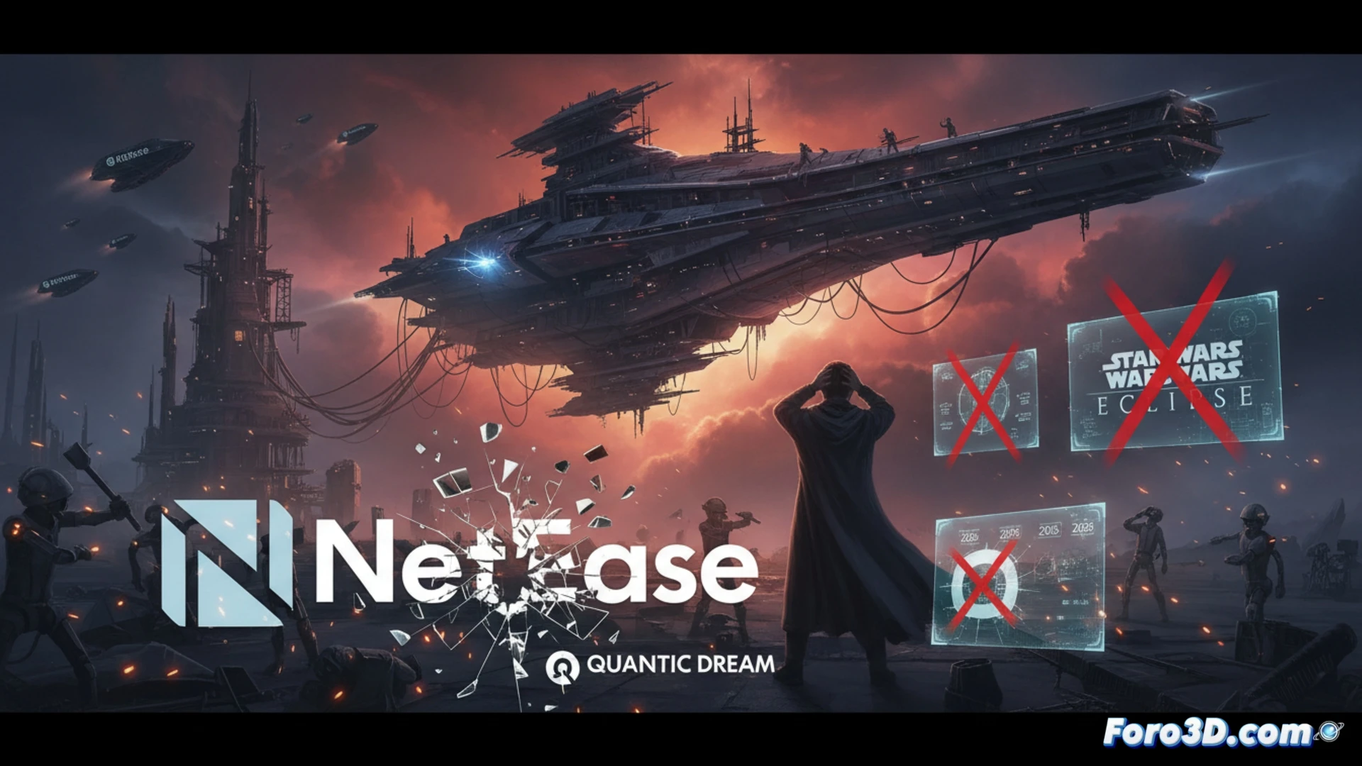 cinematic scene of a star wars starship cockpit half-built, holographic blueprints flickering with error warnings, engineers and designers walking away from workstations leaving tools and half-assembled control panels, dust settling on a dark console, empty chairs in front of dead screens, dramatic red emergency lighting casting long shadows across metallic walls, photorealistic technical illustration, abandoned development process showing stalled production, high-end sci-fi industrial aesthetic, ultra-detailed mechanical components, moody atmospheric haze