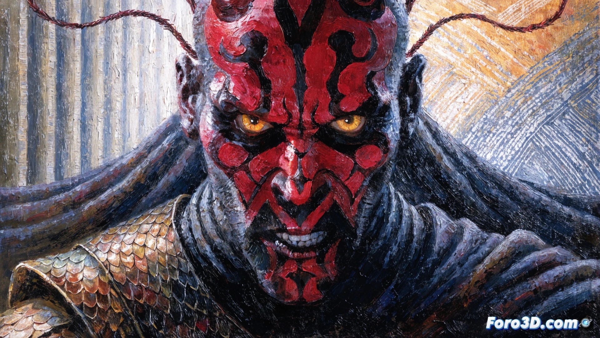 Darth Maul en combate con sable láser doble, pinceladas de óleo visibles en su rostro tatuado y capa negra, texturas gruesas de pintura creando luces y sombras realistas, fondo de hangar industrial con brochazos digitales, mostrando el proceso de animación pictórica mientras su sable rojo ilumina el lienzo en movimiento, estilo cinematográfico de pintura al óleo animada, pinceladas expresionistas, iluminación dramática, técnica que imita bastidor y pigmento, ultra-detallado en texturas de pintura, photorealistic oil painting animation render