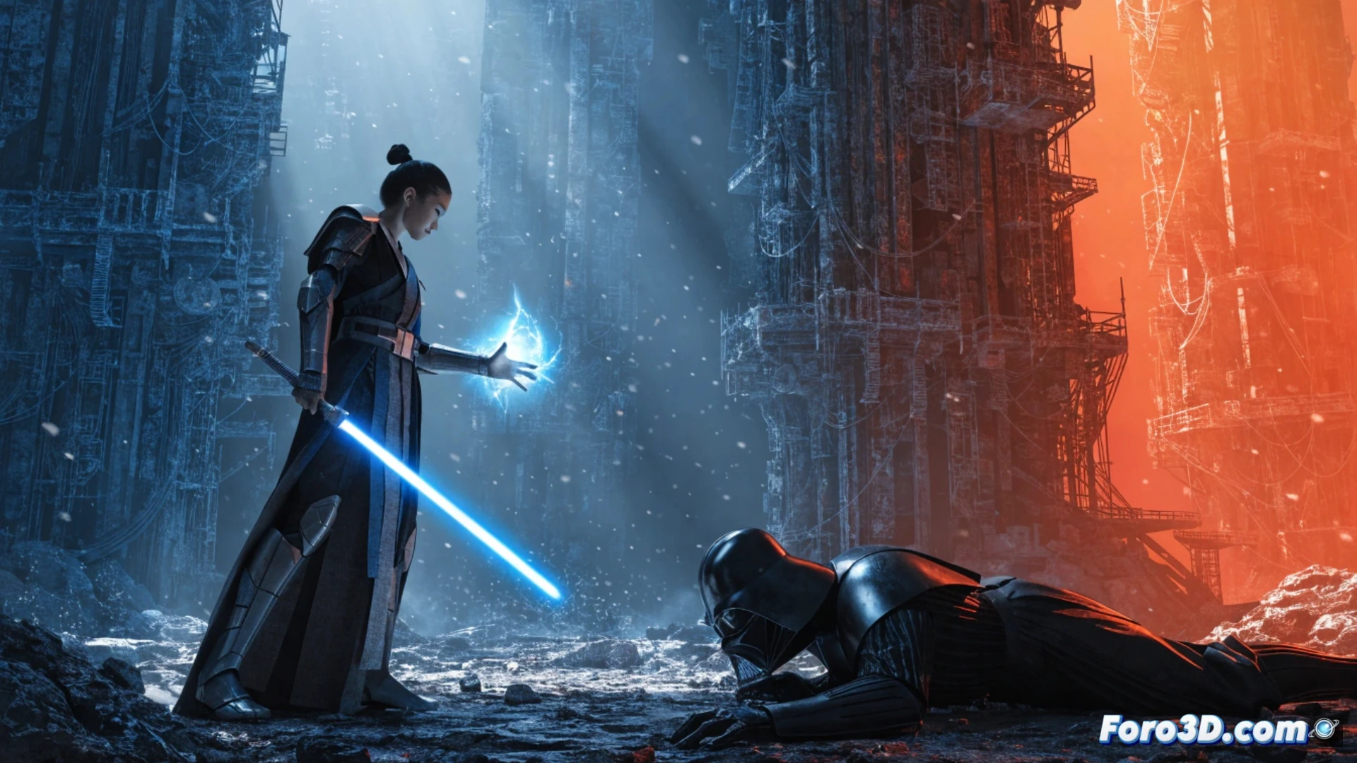 young Jedi woman in white robes deflecting red lightsaber strikes with her blue blade, ancient temple ruins crumbling around them, her former master in dark armor lunging forward with Sith lightning crackling from his hand, broken stone pillars and fallen statues scattered across the courtyard, dramatic side lighting casting long shadows, cinematic action shot capturing the moment of counterattack, glowing energy arcs between the clashing weapons, dust particles illuminated in the air, photorealistic Star Wars aesthetic, dynamic pose showing her stepping into his guard while his red blade passes inches from her face, intense emotional confrontation, high contrast lighting, volumetric fog, ultra-detailed fabric textures and armor scratches