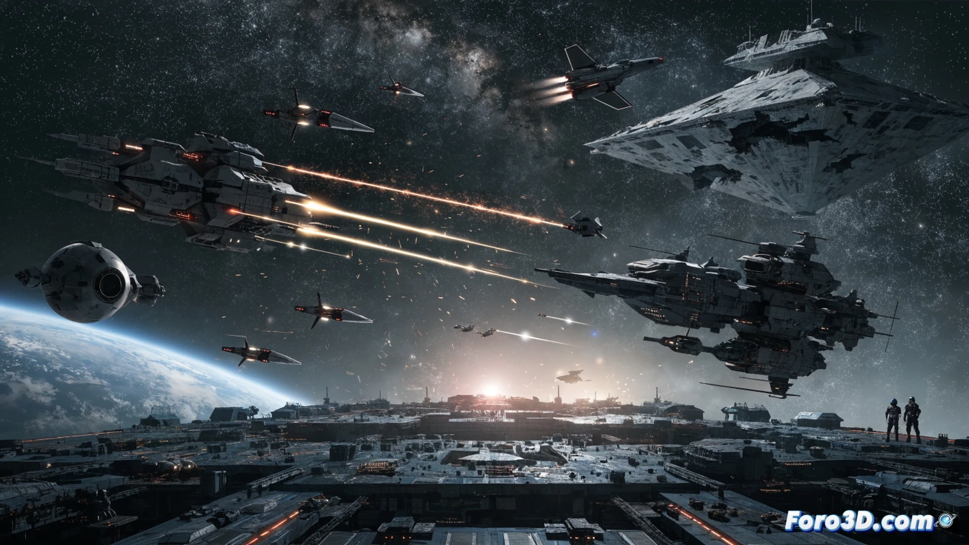 spaceship construction bay interior, holographic blueprint of a starfighter hovering above a workbench, robotic arms welding hull panels while sparks fly, a pilot in combat gear inspecting a weapon module, glowing resource containers stacked in the background, digital interface panels displaying ship stats and enemy radar contacts, cinematic sci-fi visualization, metallic surfaces with orange and blue neon accents, dramatic volumetric lighting through industrial windows, motion blur on welding sparks, photorealistic technical render, realistic metal reflections and dust particles in the air