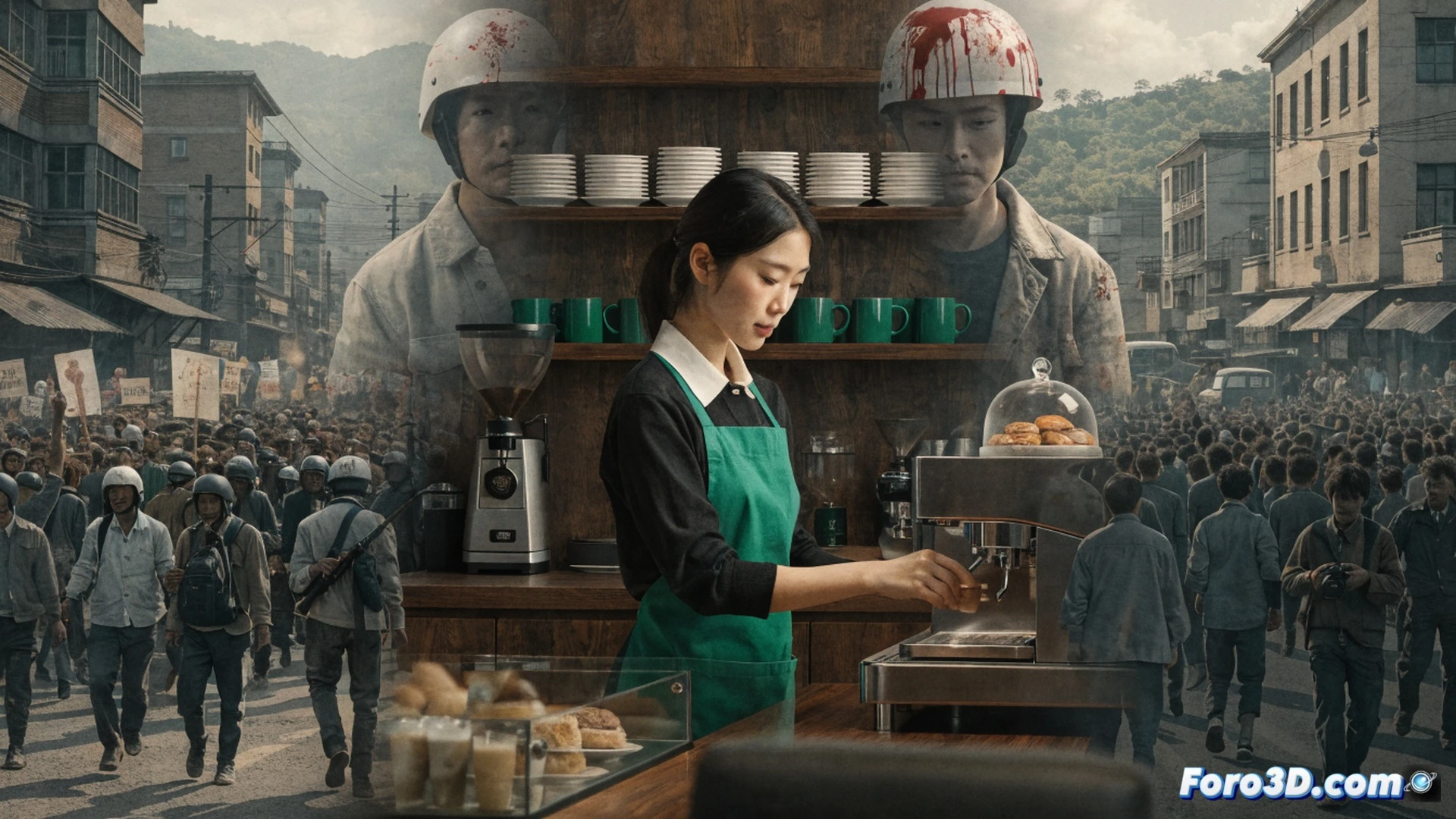 Starbucks baristas in South Korean uniforms standing frozen behind a counter, holding empty cups while a digital menu screen glitches into a blurred 1980s protest scene, customers walking away in slow motion, shattered coffee cups on the floor, photorealistic cinematic visualization, dramatic overhead lighting casting long shadows, steam rising from spilled espresso, reflective stainless steel surfaces, hyper-detailed textures on aprons and cups, tense atmosphere with muted red and grey tones, technical scene showing moment of public backlash and brand collapse