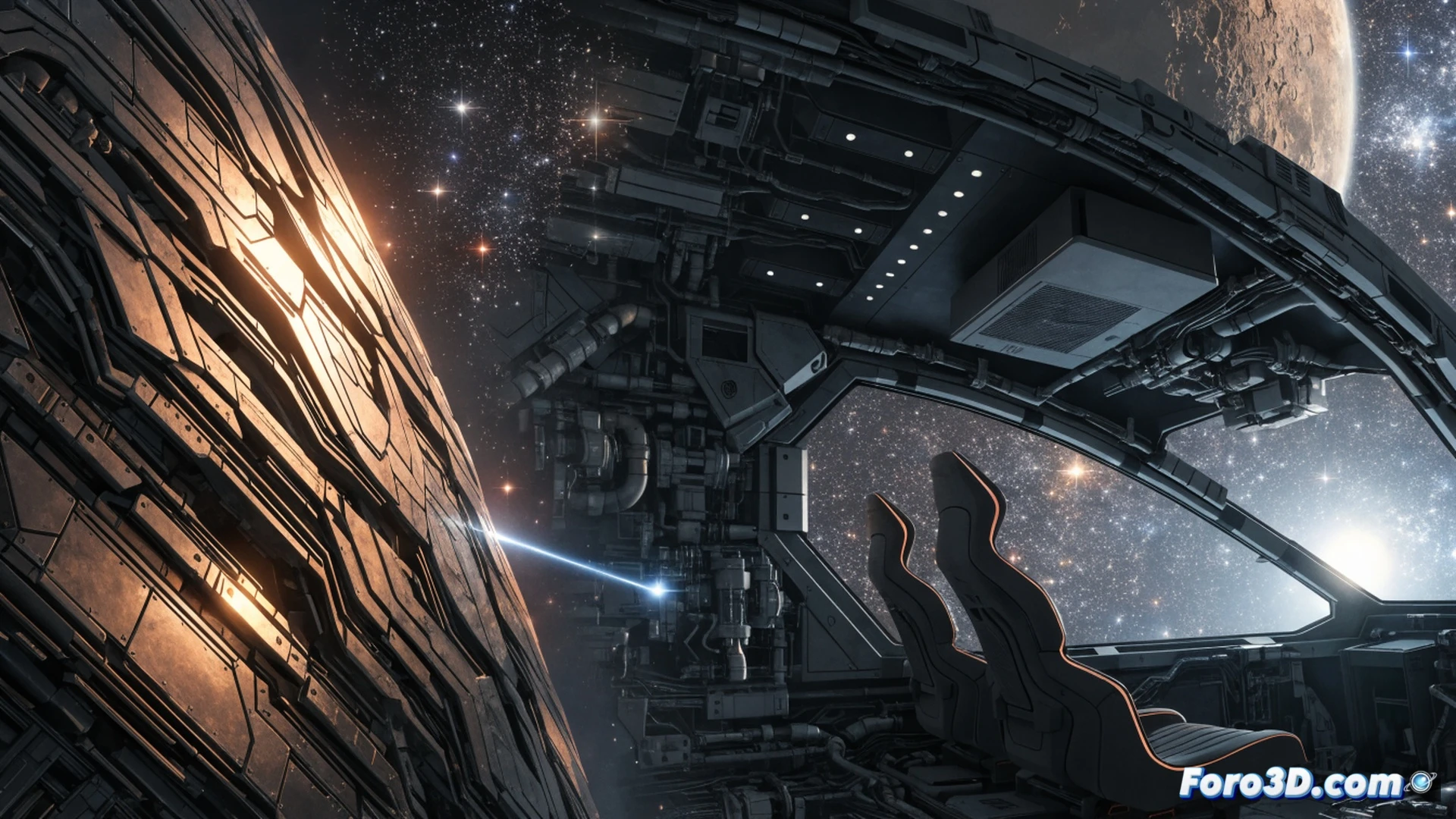 astronauta en traje espacial ajustando un panel de control de nave estelar dentro de una cabina iluminada con pantallas holográficas azules, mientras una ventana muestra un planeta rocoso y un cúmulo estelar, tripulantes revisando mapas de ruta en consolas táctiles, manos enguantadas sobre un joystick metálico, cables y conductos de refrigeración visibles en el techo, estilo cinematic photorealistic engineering visualization, iluminación fría de neón y focos direccionales, reflejos en visores y superficies de metal cepillado, ultra-detailed texturas de paneles y botones retroiluminados