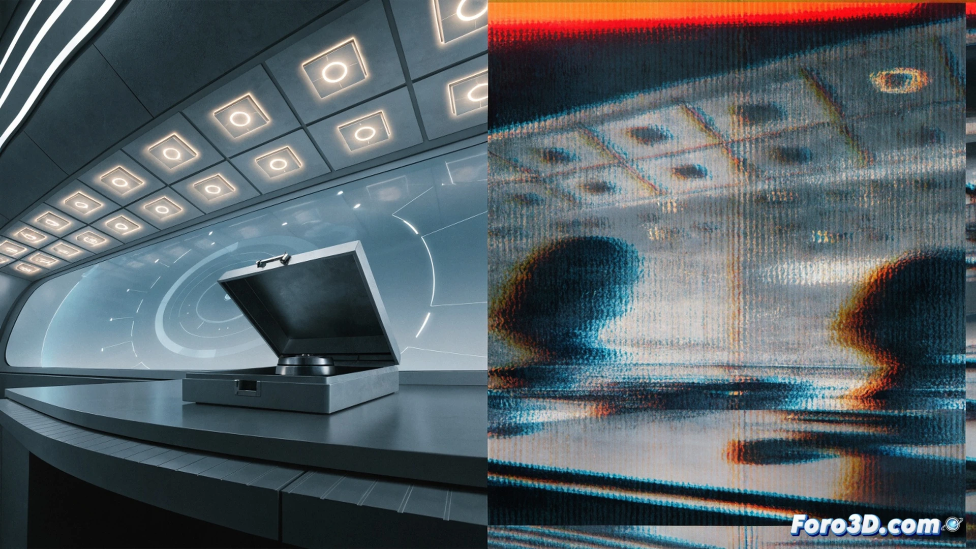 cinematic shot of a Starfleet cadet holding a digital tablet while a holographic playback screen shows behind-the-scenes footage with boom microphones and clapperboards, a director laughing mid-scene, exposed lighting rigs and camera cables visible in the background, polished futuristic academy corridor with transparent displays and glowing control panels, photorealistic technical illustration, soft blue ambient light contrasting with warm studio spotlights, ultra-detailed texture on fabric and metal, motion blur on the hologram flicker, engineering visualization style