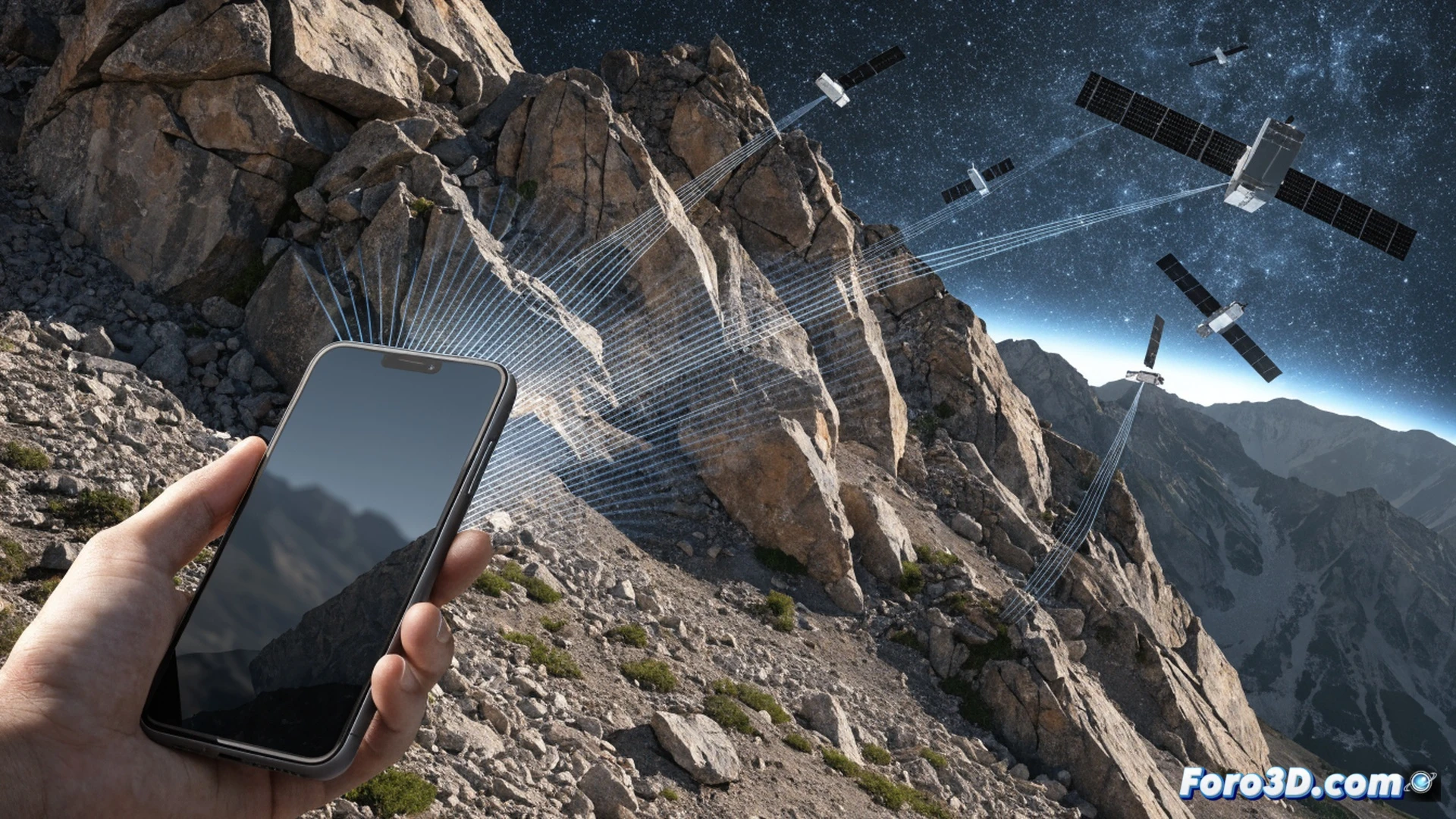 Mountain climber holding standard smartphone high above rocky peak, satellite constellation visible in clear sky transmitting signal directly to device screen displaying text message sent, no external antenna or special chip shown, phone transitioning from dead weight to functional tool, cinematic engineering visualization, dramatic sunset lighting over rugged terrain, photorealistic technical render, glowing blue data link between phone and satellites, ultra-detailed smartphone components faintly visible through transparent back panel, realistic space-to-ground communication beam