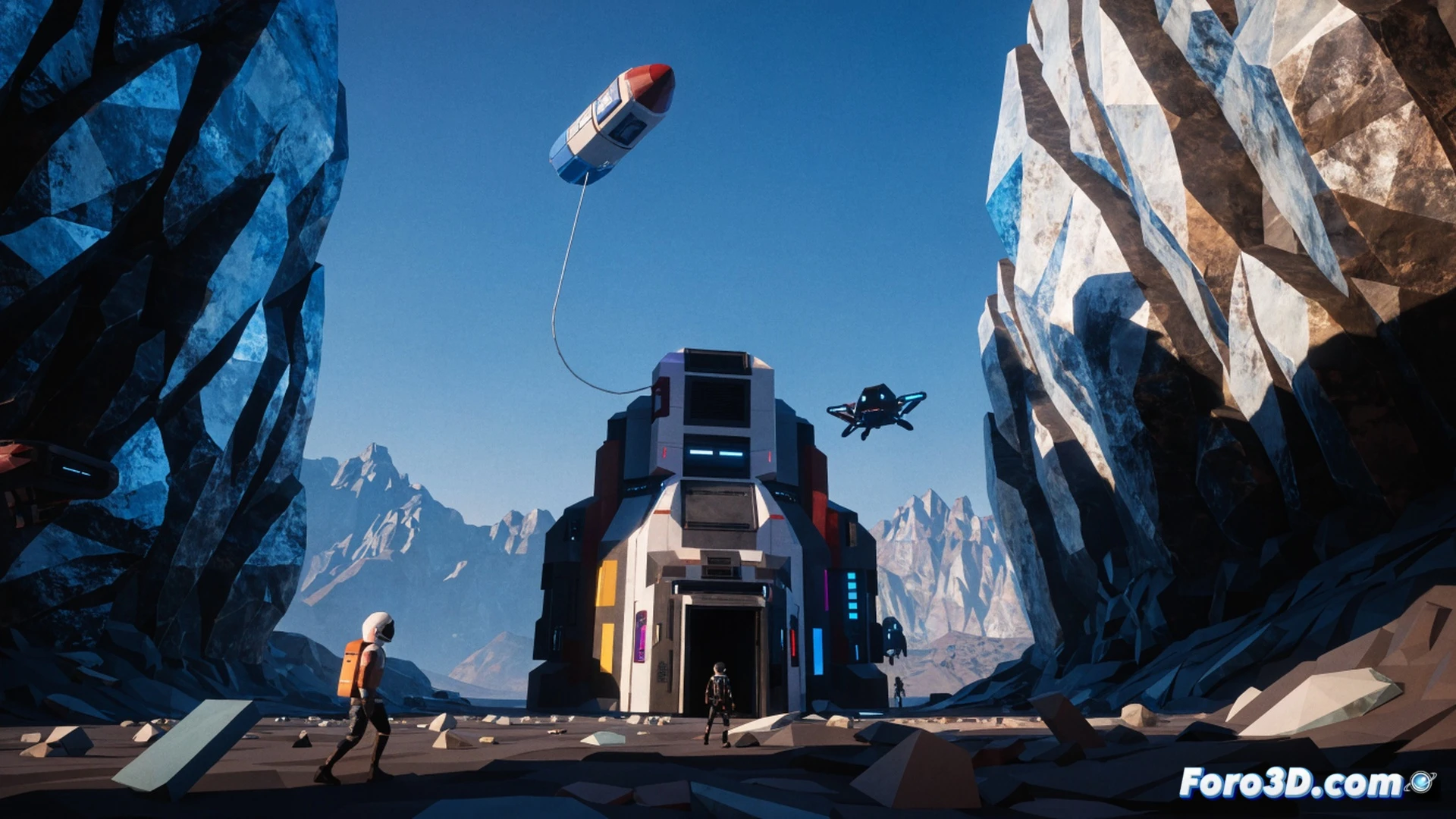 Low-poly astronaut explorer standing on procedurally generated alien planet surface, geometric stylized rocks and flora, volumetric Unreal Engine 5 lighting casting dramatic shadows across low-resolution terrain, small spaceship with angular facets parked in background, character pointing handheld scanner tool at glowing crystal formation, action of scanning process demonstrated, contrasting simple blocky geometry with complex light rays and particle effects, cinematic exploration scene, rich color palette of deep purples and warm oranges, clear sky with distant ringed planet, technical illustration style emphasizing procedural generation and accessible hardware performance