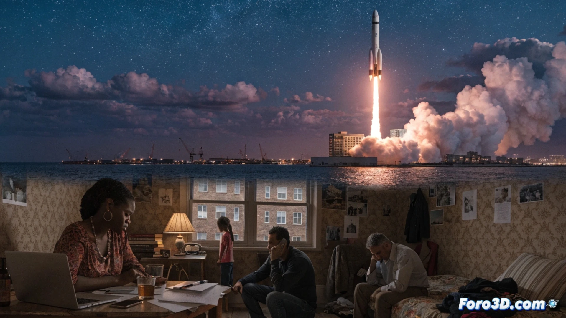 SpaceX rocket assembly facility at sunset, welder in dusty work boots crouching near a half-built Starship hull, sparks flying from welding torch onto rusted scaffolding, a rent increase notice taped to a nearby porta-potty, contrast between gleaming stainless steel rocket segments and crumbling Brownsville housing visible through factory window, cinematic photorealistic engineering visualization, gritty industrial lighting, sweat on worker forehead, shadows from massive crane overhead, hyper-detailed mechanical textures, dramatic socioeconomic contrast