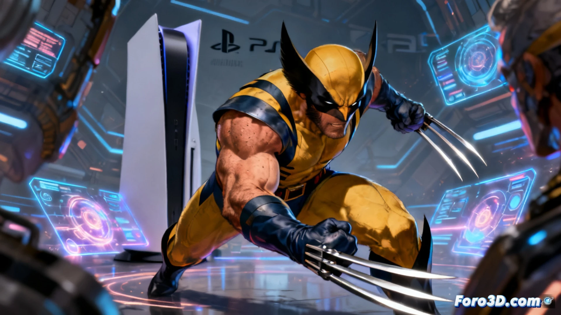 PlayStation 5 console connected to a large screen displaying the Marvel Wolverine logo with claw marks, game controller on a table with glowing blue LED lights, countdown timer showing 60 minutes, multiple game disc cases scattered, cinematic photorealistic render, dramatic dark room with neon blue and orange lighting, controller vibrating during gameplay, screen reflection on glossy table surface, ultra-detailed console vents and controller texture, technical product visualization