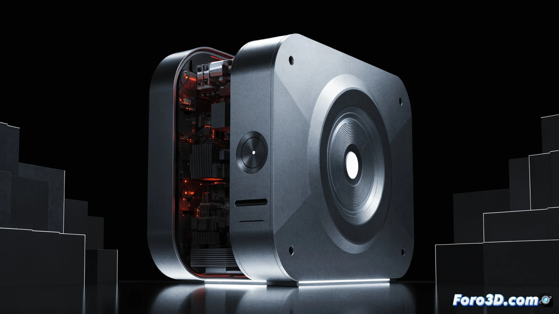 compact Steam Machine console on a wooden desk, side panel removed revealing internal hardware, a mechanical arm installing a 2TB SSD drive into the empty slot, glowing blue LED strips inside the chassis, high-end GPU heat sink with copper fins visible, a disconnected controller lying nearby with exposed circuit board, cinematic engineering visualization, dramatic top-down studio lighting casting sharp shadows, photorealistic metallic surfaces, dust particles floating in light beams, ultra-detailed screw holes and port connectors, technical exploded-view style