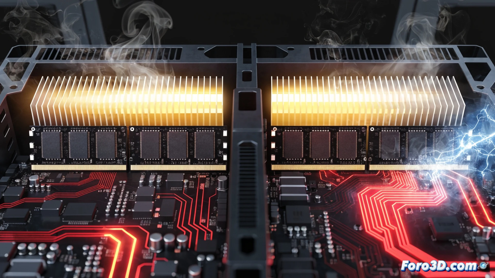 Single 16GB RAM module inserted into a Steam Machine motherboard, two empty RAM slots visible beside it, a gamer’s hand holding a magnifying glass over the single module while a split-screen monitor shows open-world game stutter and smooth gameplay comparison, technical illustration style, motherboard traces glowing faintly, industrial grey metallic chassis, precision lighting highlighting the lone module, photorealistic engineering visualization, action of inspecting hardware bottleneck