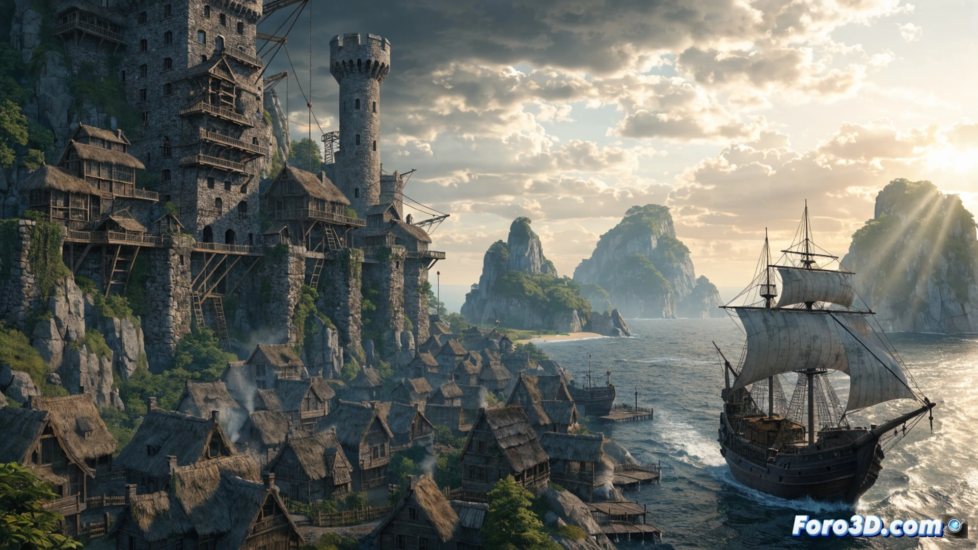 Medieval fantasy landscape with a glowing Steam store interface floating in midair, a player character's hand reaching to click an Add to Library button, timestamp clock showing 18:55 fading into red urgency, Wild Terra 2 New Lands icon radiating golden light, survival tools like pickaxe and sword resting on digital ground, economy charts and player-built village visible through portal behind the game title, cinematic photorealistic render, dramatic sunset lighting, dynamic action of claiming process, ultra-detailed UI elements and medieval architecture, high-contrast technical illustration style