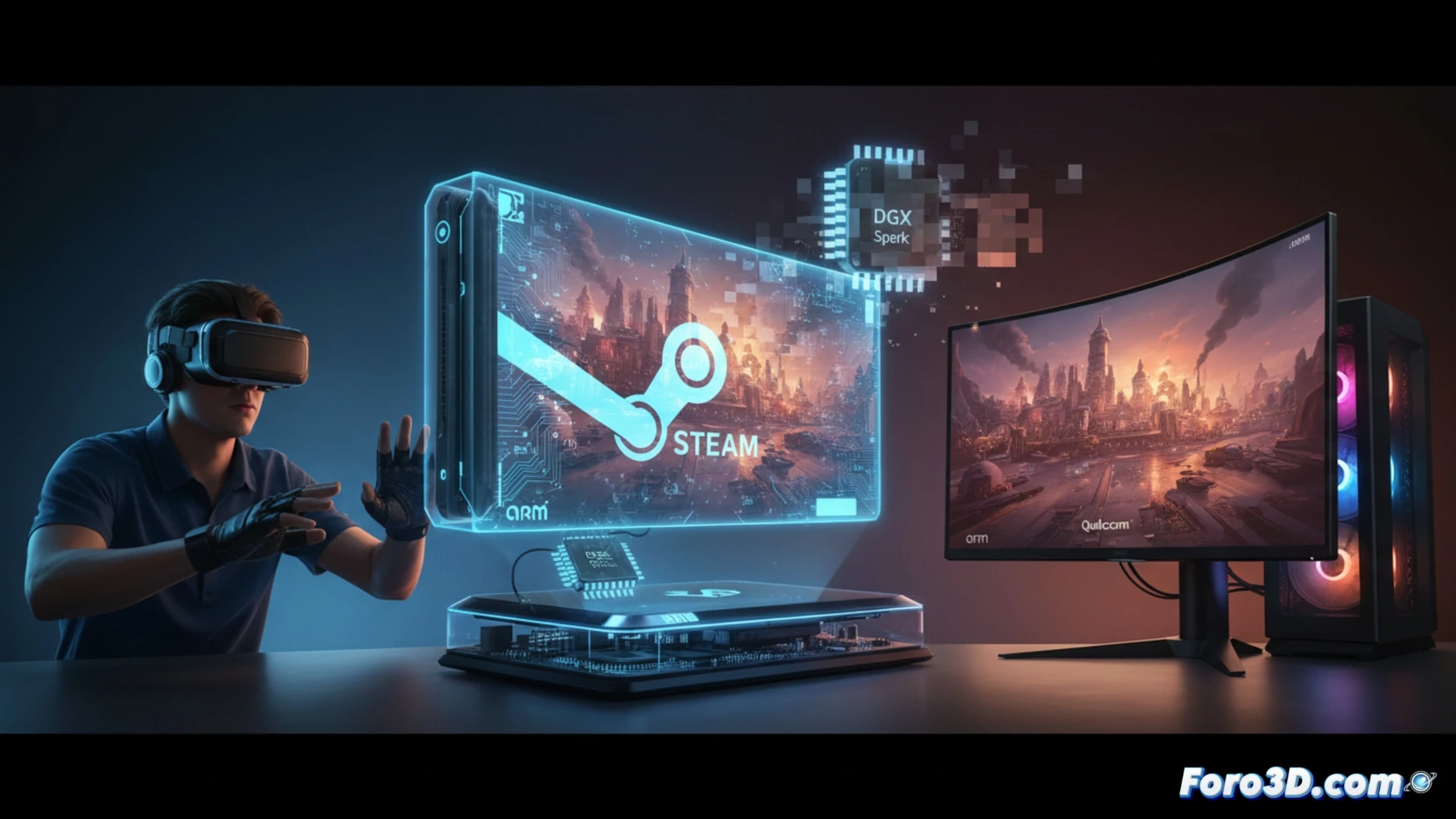 ARM processor chip glowing with heat while x86 game code runs through emulation layer, translucent performance overlay showing dropped frames and stuttering gameplay, laptop with Qualcomm Snapdragon logo beside NVIDIA DGX Spark mini PC, both displaying fragmented game graphics, digital translation pathway between ARM and x86 with bottleneck warning indicators, cinematic technical illustration, cold blue industrial lighting contrasting with warm red performance alerts, photorealistic engineering visualization, micro-architecture details visible on chip surface, motion blur from lagging cursor movement