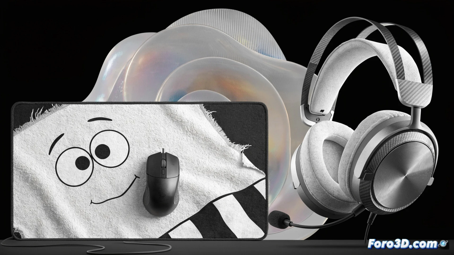 gaming desk scene with SteelSeries Towelie mousepad absorbing spilled soda, towel texture visible, liquid pooling near edge, wireless Arctis Nova 5 headset hanging on monitor stand, glowing RGB lighting, plastic ear cups reflecting screen light, mouse cable trailing across mat, keyboard with South Park keycaps, cinematic product photography style, hyperrealistic materials, shallow depth of field, dramatic shadow play, dark ambient room lighting, technical product showcase