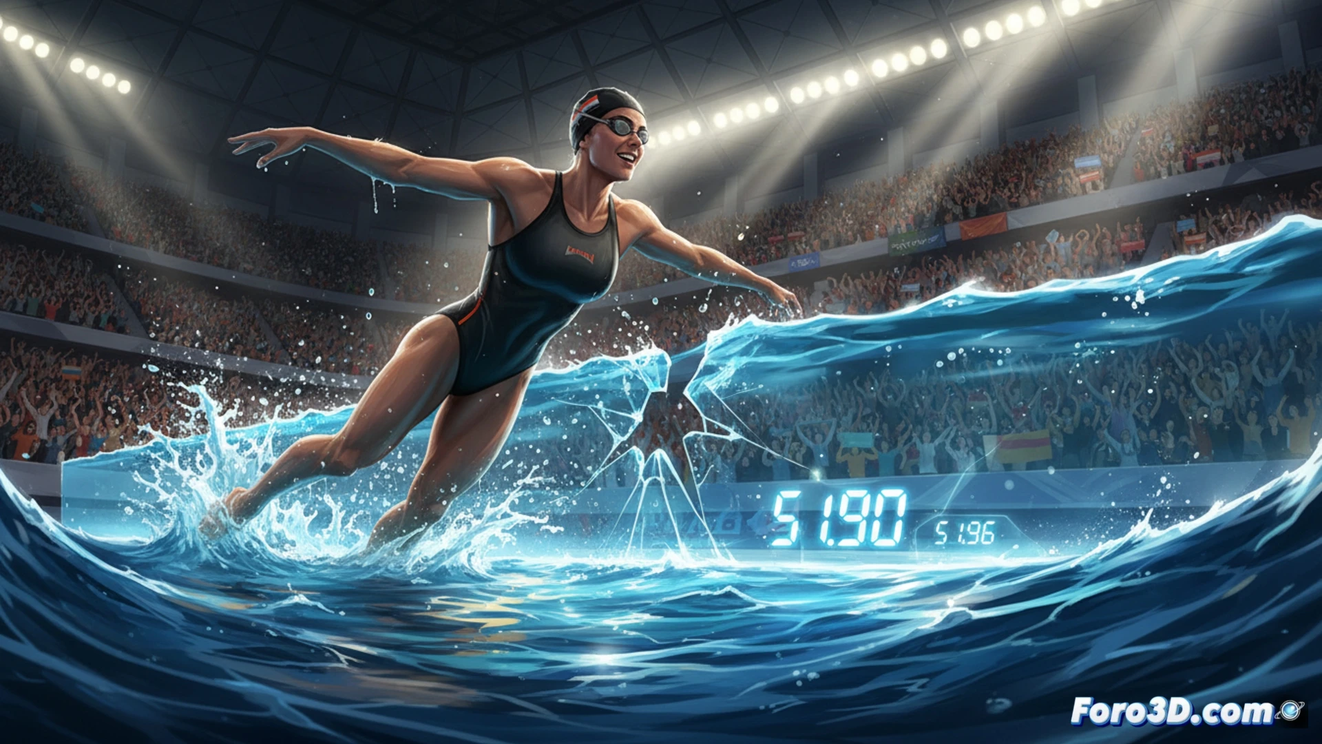 swimmer in starting block position at indoor Olympic pool, water surface tension breaking with splash droplets frozen mid-air, muscular arms extending forward during dive, lane ropes visible with tension lines, tiled pool edge and timing touchpad at far wall, overhead LED scoreboard showing 51.90 in blurred digits, photorealistic sports photography, dramatic underwater and above-water split perspective, motion blur on swimmer's legs, water ripples radiating outward, cool blue aquatic lighting with bright stadium spotlights, ultra-detailed water texture, cinematic action freeze-frame