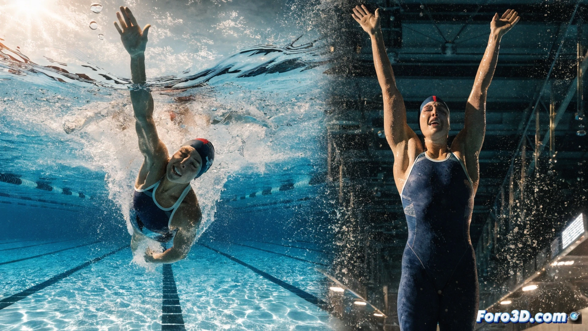 Competitive swimmer mid-stroke in an Olympic pool, water splashing violently around muscular shoulders and arms, high-speed motion blur on hands entering water, lane ropes vibrating from turbulence, underwater camera angle showing powerful leg kick and bubble trails, chronometer display on pool wall with glowing digital numbers, dramatic stadium lighting reflecting off wet skin, photorealistic sports photography style, dynamic tension in every muscle, droplets frozen mid-air, ultra-detailed water refraction and foam texture