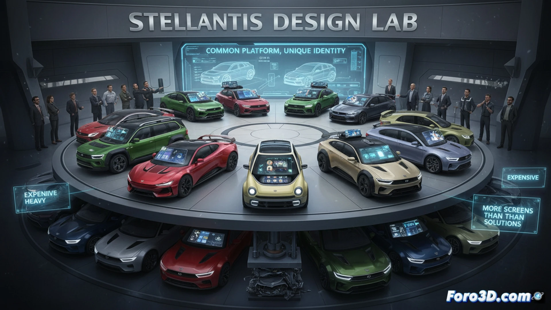 Un collage de 14 coches idénticos con distintos logotipos, uno rompe el molde con diseño único mientras el resto luce igual, sobre fondo gris.