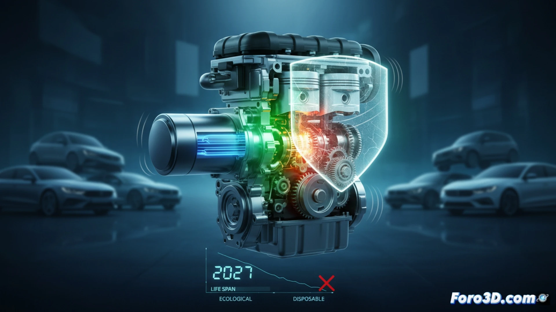 engine cutaway view of a compact three-cylinder hybrid motor being disassembled, mechanic's gloved hand holding a worn piston with visible scoring marks, cracked cylinder head nearby, diagnostic tablet showing vibration waveform spikes and reduced lifespan alerts, engine block surrounded by scattered tools and oil stains, dramatic workshop lighting casting harsh shadows, photorealistic technical illustration, gritty industrial atmosphere, metallic surfaces with micro-abrasions, hyperdetailed mechanical wear textures