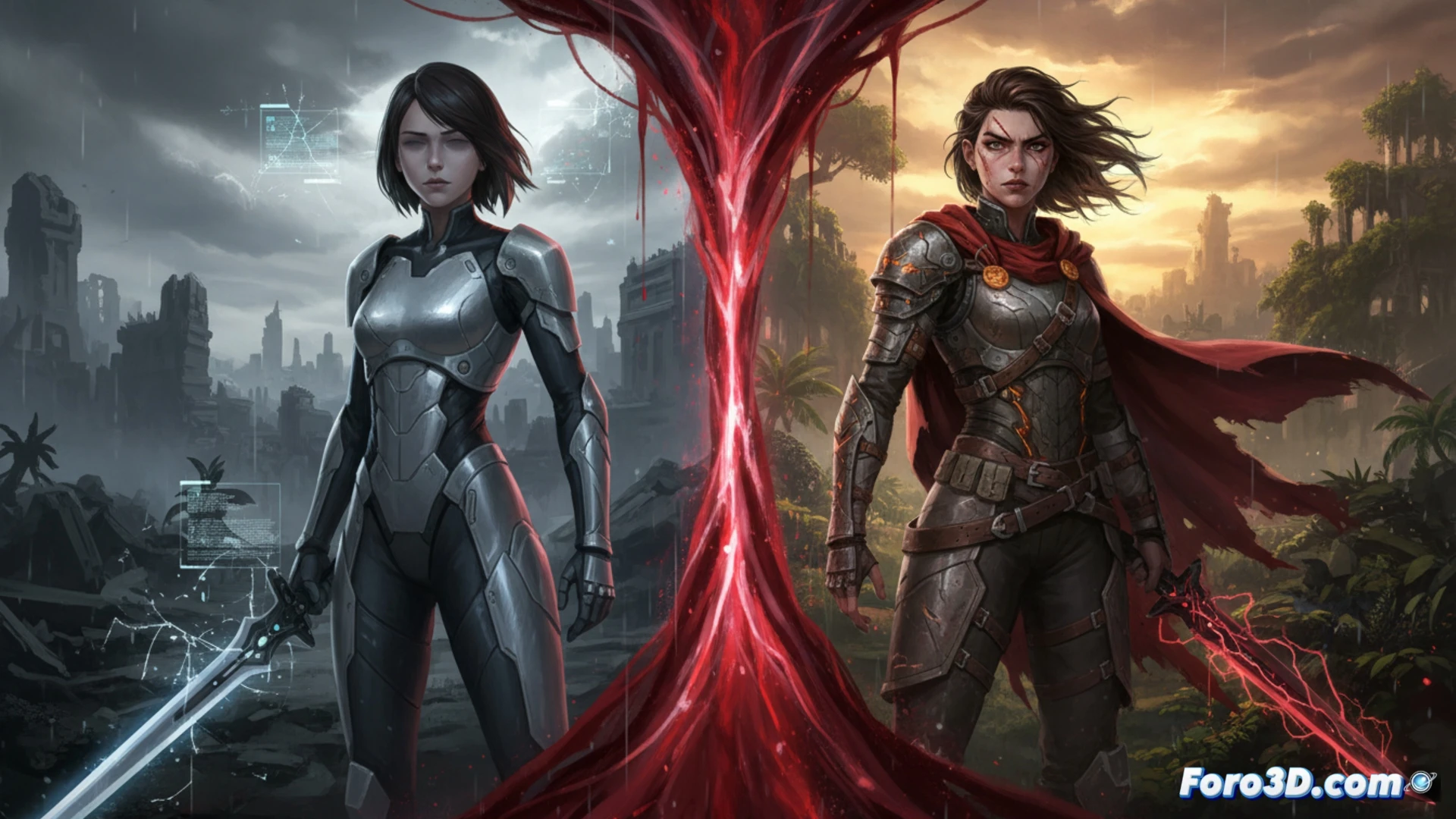 Cinematic scene of a female warrior protagonist standing in a rain-soaked cyberpunk street, her expression conflicted and hollow, holding a damaged high-tech blade with exposed circuitry, while holographic storyboards and character design sketches float around her, showing a shadowy second figure with more defined features, developers working on glowing monitors in the background, neon reflections on wet asphalt, photorealistic technical illustration, dramatic low-angle lighting, rain streaks catching blue and red light, detailed armor textures, fog and steam rising from vents, emphasizing the contrast between flawed creation and promised improved sequel