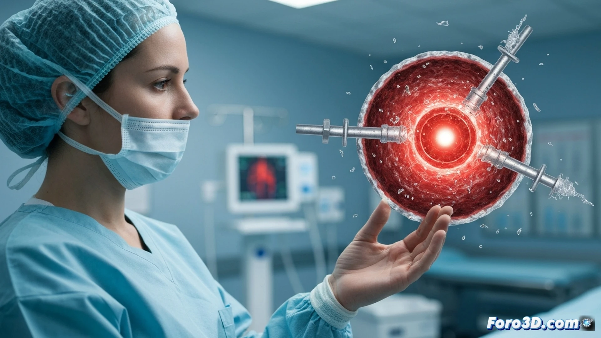 Arteria coronaria seccionada en corte transversal, stent bioabsorbible en proceso de degradación, fragmentos poliméricos desprendiéndose mientras células endoteliales recubren la estructura remanente, contraste entre zona metálica permanente y zona degradándose, microscopía electrónica de barrido estilizada, fondo negro con iluminación focalizada en azul y verde, textura rugosa de la placa aterosclerótica visible, partículas degradándose en suspensión, engineering visualization hiperrealista, detalle de struts rompiéndose, flujo sanguíneo parcialmente transparente alrededor, ultra-detailed scientific illustration, dramatic medical lighting.