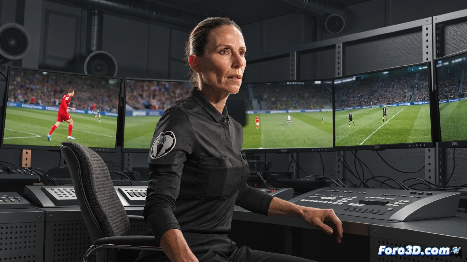 Stephanie Frappart en un centro de control técnico UEFA, supervisando múltiples monitores que muestran repeticiones de partidos y gráficos de rendimiento arbitral, sosteniendo una tableta con datos biométricos, mientras dos árbitros asistentes analizan una jugada en una pantalla táctil, luces LED azules iluminando el panel de control de video, cámaras de vigilancia y micrófonos ambientales visibles, cinematic photorealistic render, oficina moderna minimalista, acción de análisis colaborativo, sombras suaves, reflejos en superficies metálicas, tonos fríos corporativos, ultra-detallado equipo electrónico, escena de supervisión profesional.