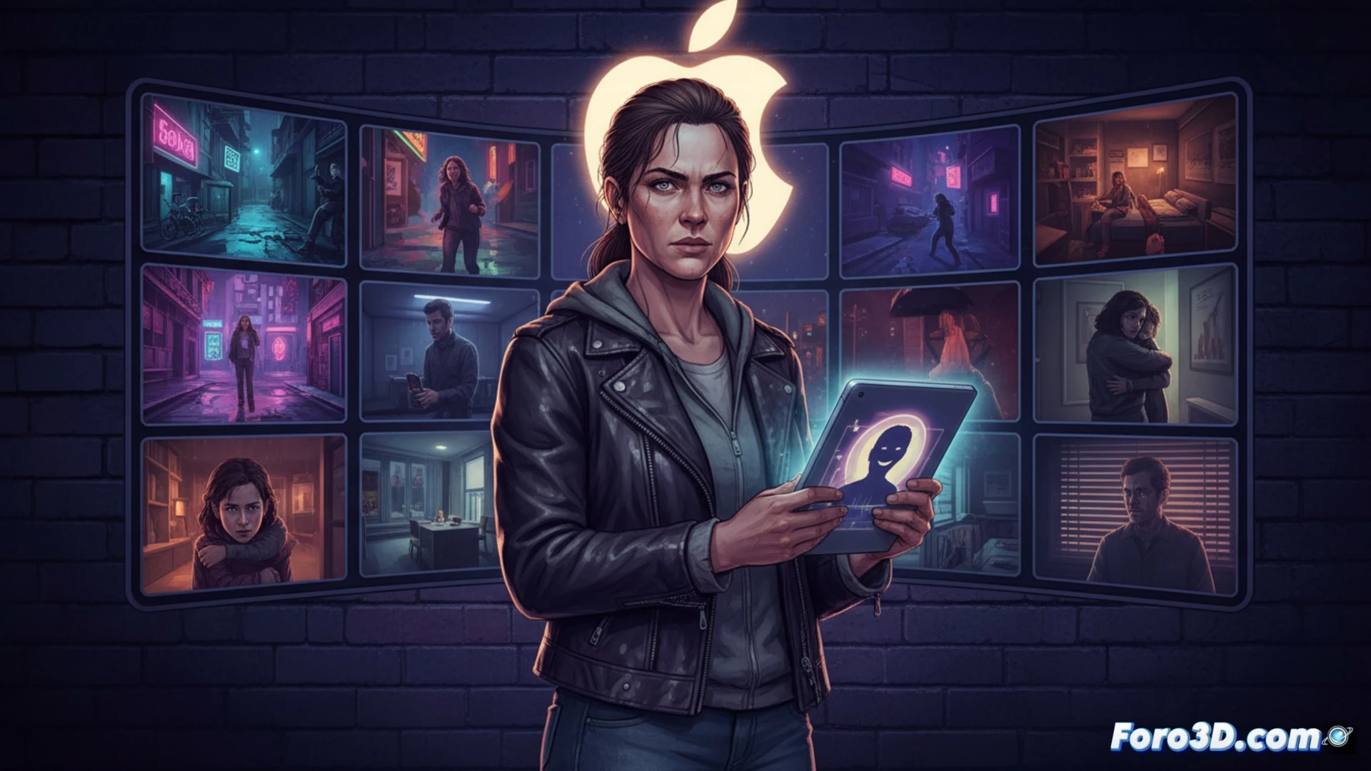 mid-budget apartment interior, middle-aged woman holding a magnifying glass while examining a shattered laptop on a wooden desk, glowing blue screen fragments scattered, a torn police evidence bag nearby, smartphone with open map app on the table, dramatic shadows from a desk lamp, cinematic thriller composition, photorealistic style, warm amber and cool blue lighting contrast, dust motes visible in the light beam, worn sofa in background with stacked books, subtle tension in her posture, hyper-detailed textures of wood grain and fabric, Apple TV logo subtly reflected on a dark TV screen in the corner, no text anywhere