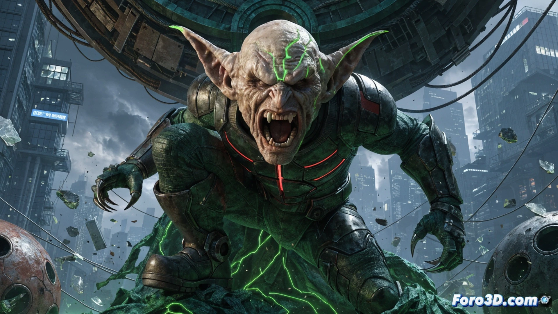 Green Goblin glider swooping low over a neon-lit city street, pumpkin bomb mid-explosion with shrapnel and smoke trails, Steve Blum voice actor silhouette in a recording booth background, microphone and mixing console visible, headset with foam windscreen, waveform display on monitor, dynamic combat pose with fists raised, green and purple armor plates reflecting digital grid lines, cinematic fighting game aesthetic, dramatic side lighting, motion blur on glider fins, realistic fabric wrinkles on costume, photorealistic technical illustration, high-contrast shadows, particle effects from bomb blast, ultra-detailed mechanical glider engine