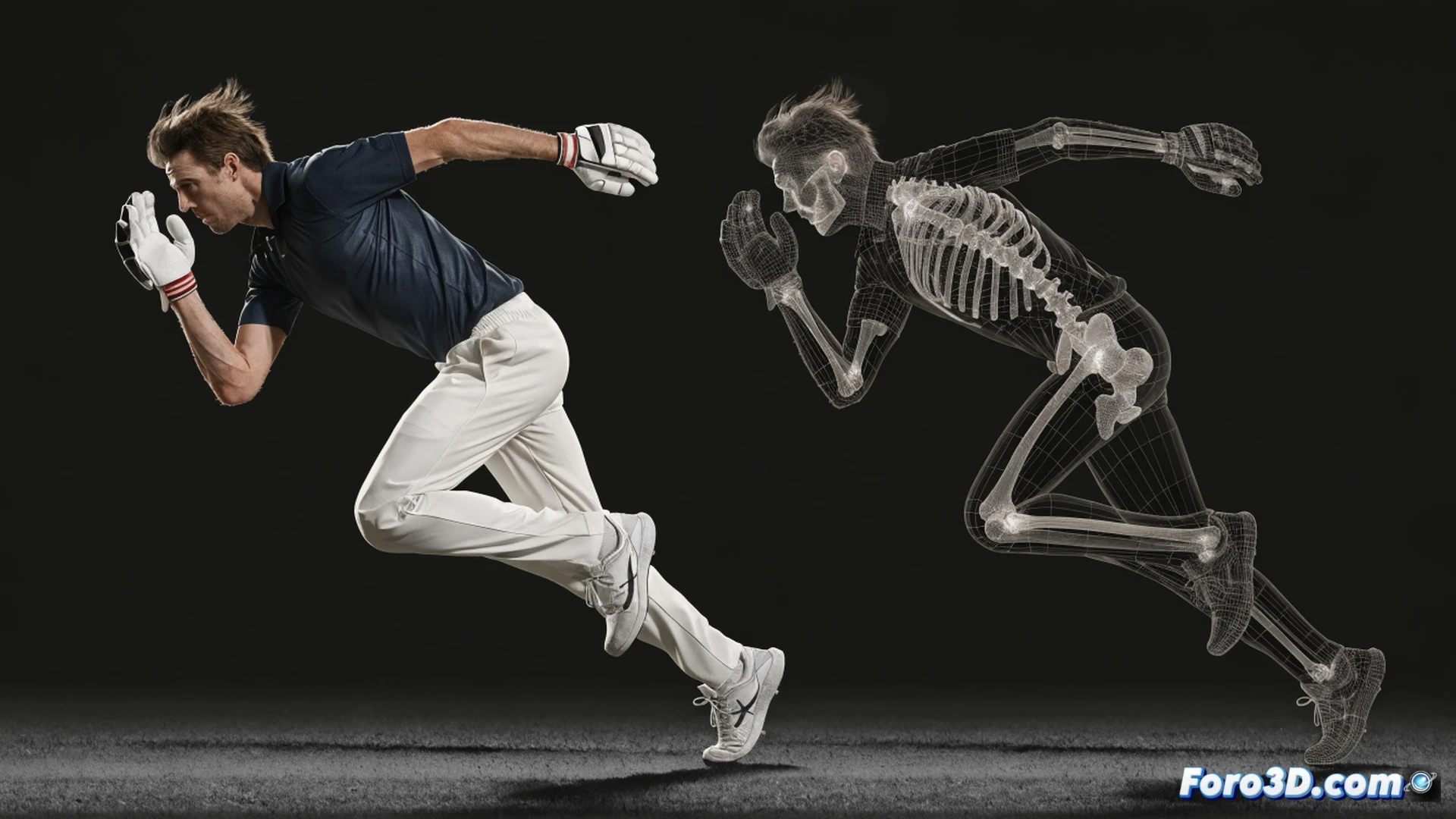 cricket batter Steve Smith in mid-stance, lateral weight shift towards off side while front foot points to square leg, wrists coiled with bat angled at 45 degrees from vertical, showing exaggerated elbow bend and high backlift, motion blur on bat head indicating rapid wrist rotation, biomechanical overlay with translucent angular measurements on joints, technical illustration style, dark studio background with rim lighting, detailed muscle tension visible on forearms, photorealistic engineering visualization, dynamic pose demonstrating controlled chaos