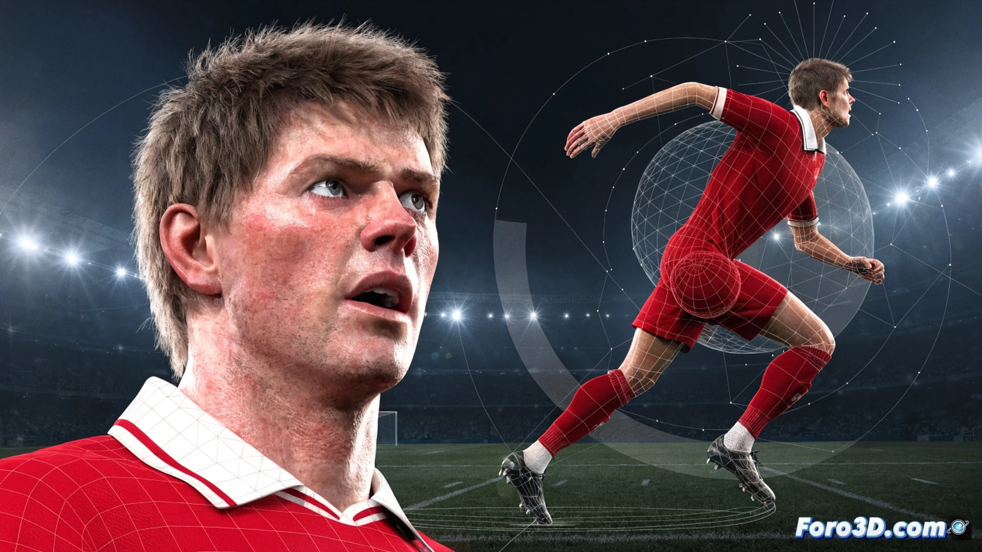 Steven Gerrard mid-match 3D tactical analysis, player model shown in dynamic running motion while striking a long-range shot, glowing heatmap overlay on torso and legs demonstrating high work rate, translucent blue trajectory lines tracing a powerful shot from right foot toward goal, surrounding data points and wireframe field grid showing spatial coverage, realistic muscle definition under jersey, cinematic sports visualization, dark stadium background with spotlight effect, photorealistic technical render, dramatic motion blur on grass particles