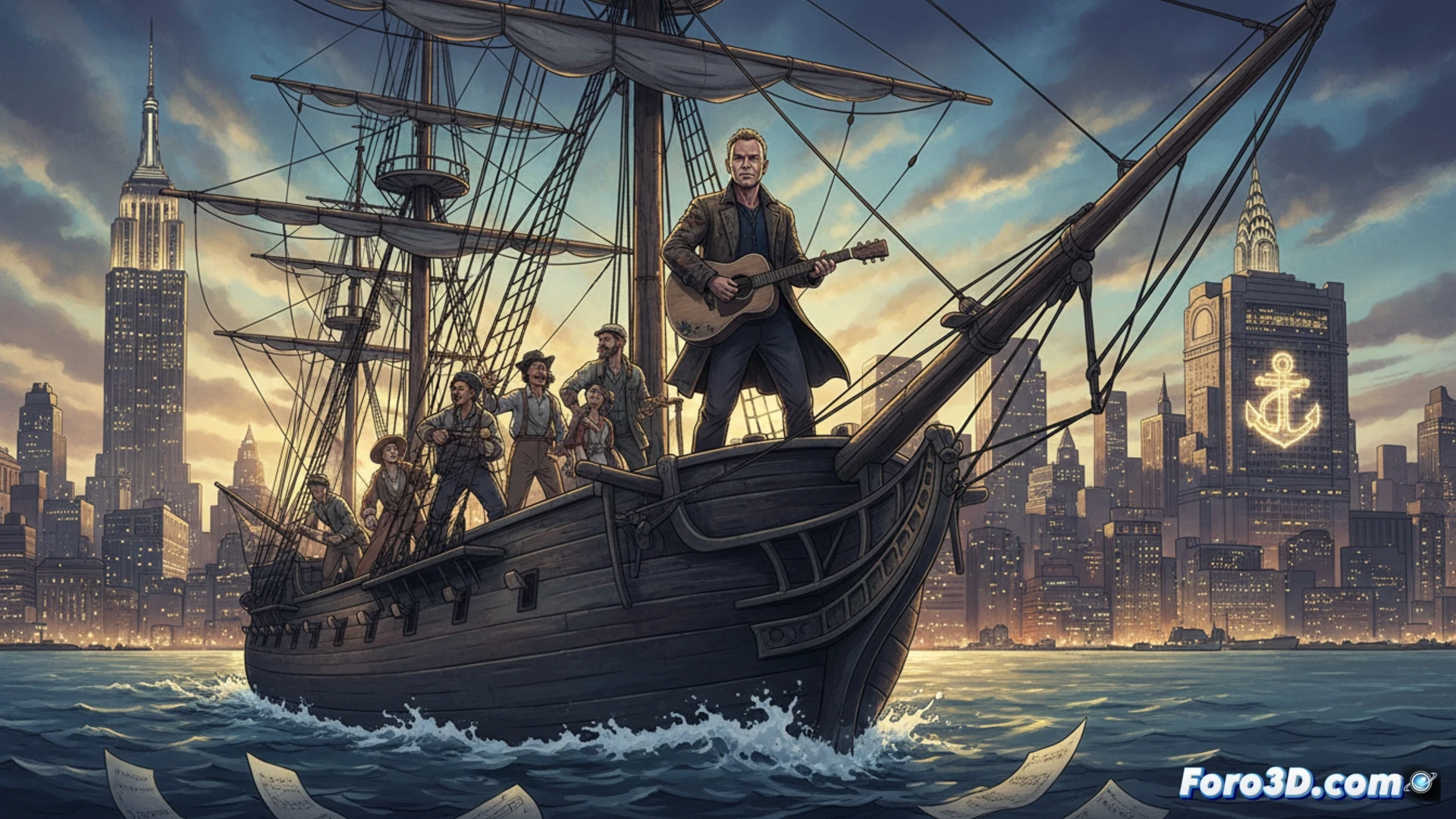 Sting de pie sobre una estructura de acero oxidado en un astillero abandonado, sosteniendo un casco de soldador mientras trabajadores navales sueldan una grúa portuaria, chispas azules iluminando el amanecer sobre el río Hudson, herramientas de ingeniería naval esparcidas, planos de barco en rollos de papel, cinematic photorealistic visualization, dramatic industrial lighting, heavy machinery in background, metallic textures with rust and grime, steam rising from riveted hull plates, motion blur on welding sparks, ultra-detailed mechanical environment