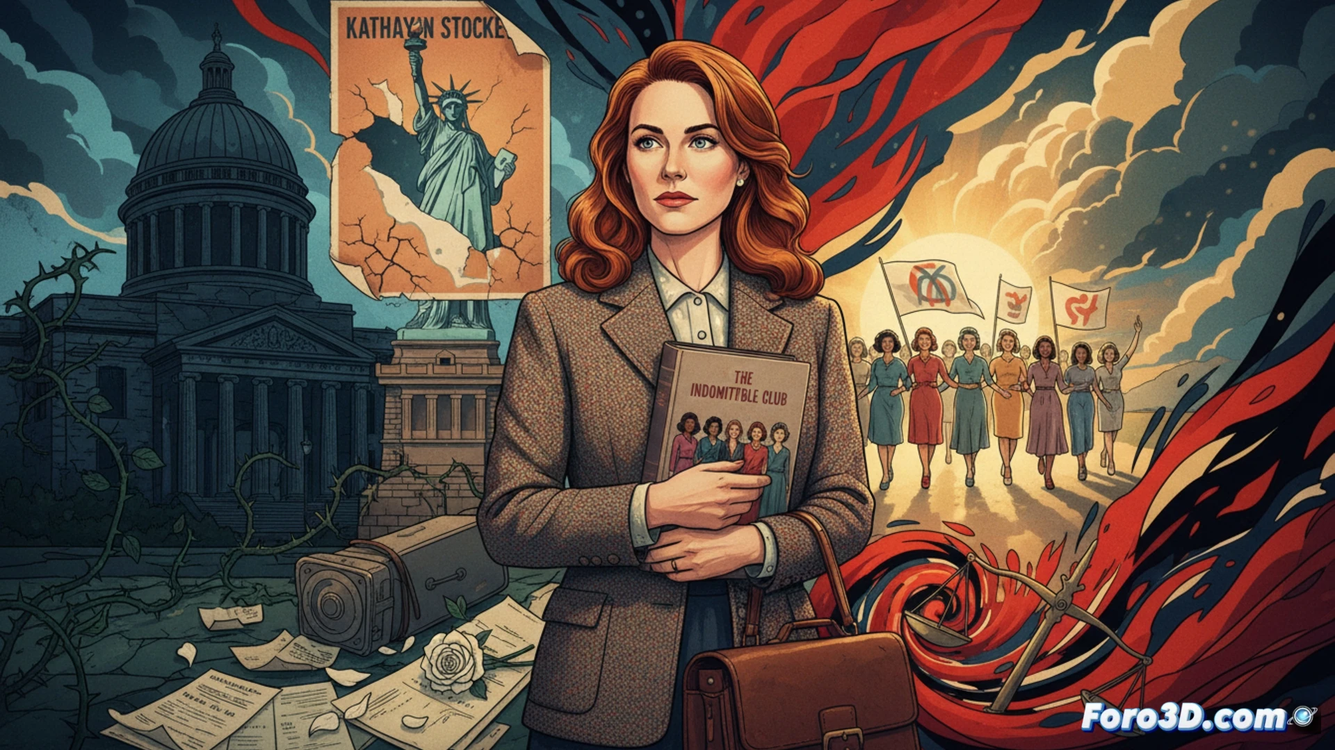 Cinematic scene of a woman author standing at a podium with a vintage typewriter beside her, holding a bold protest sign with no text visible, while behind her a broken gavel and torn legal documents scatter on a courtroom floor, a shattered glass ceiling above, and a faint ghostly silhouette of a woman reaching for a fallen pen, dramatic shadows, photorealistic editorial photography style, high contrast lighting, moody sepia tones with cold blue accents, dust particles floating in air, emotional tension visible in her clenched fist and determined posture.