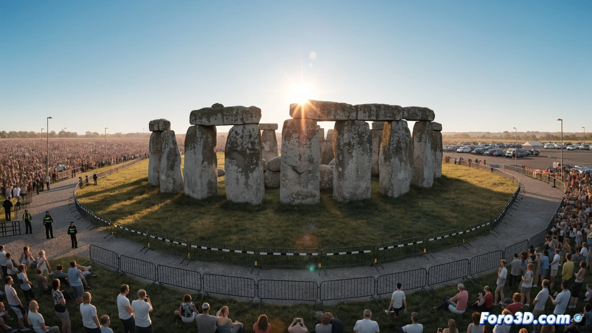 Stonehenge megalithic stone circle at dawn during summer solstice, 20,000 silhouetted people gathered in controlled crowd flow, neodruidic ceremony in progress, sunrise rays aligning perfectly with central altar stone, security barriers and parking payment booth visible at site perimeter, volumetric golden light piercing through ancient stones, cinematic photorealistic visualization, wide-angle composition showing crowd density and monument scale, mist rising from dew-covered grass, dramatic atmospheric lighting, ultra-detailed stone textures with lichen and erosion marks, technical event logistics demonstrated through organized pathways and temporary fencing