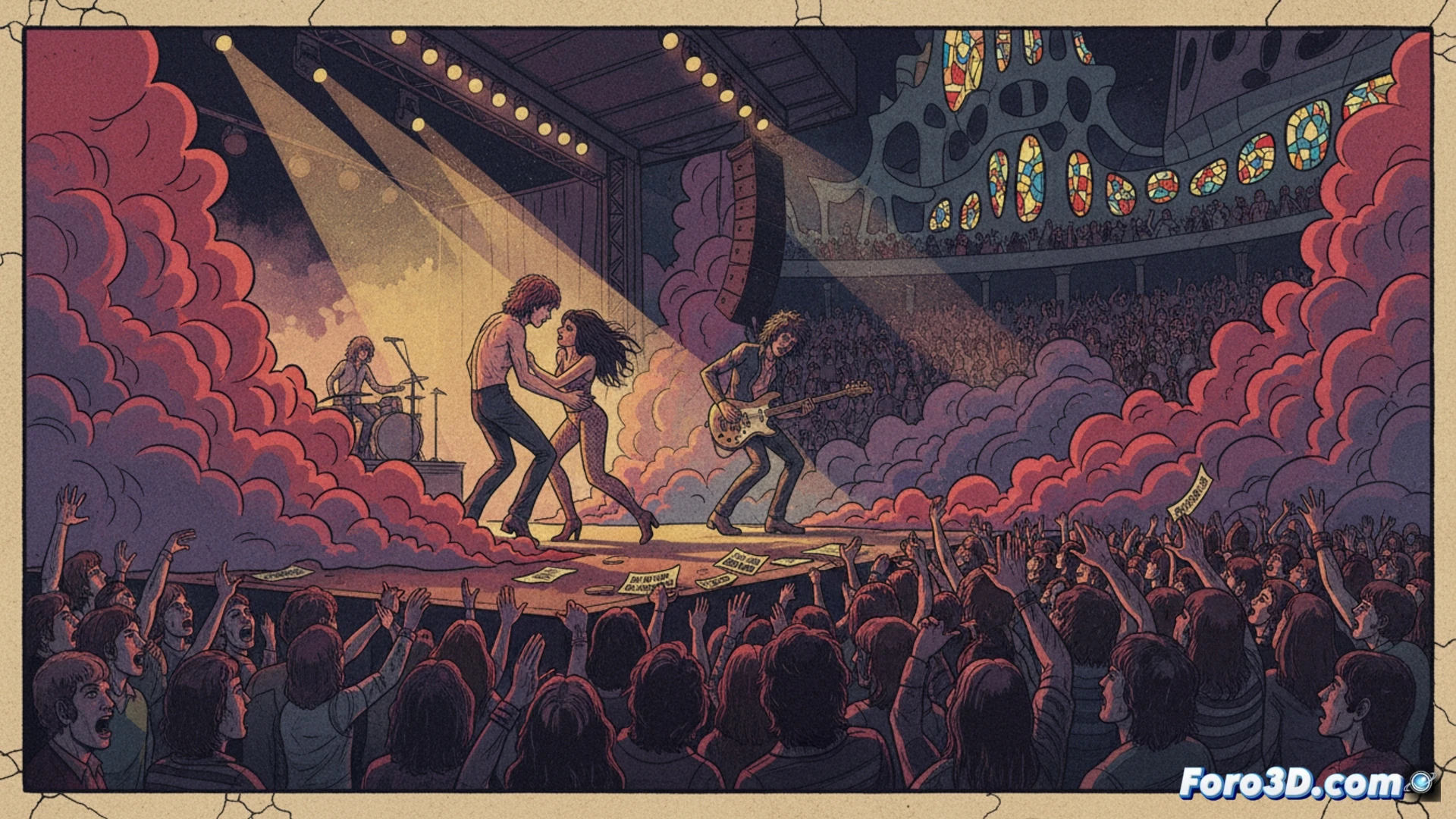 Plaza de Toros Monumental de Barcelona durante un concierto de rock, humo denso elevándose desde las gradas mientras un guitarrista salta sobre el escenario con una Gibson Les Paul, cables enredados y amplificadores Marshall vintage, batería con platillos brillando bajo focos de luz cálida, técnicos ajustando monitores de escenario con cintas de cassette y mezcladores analógicos, público joven con chaquetas de cuero agitando brazos, fotografía cinematográfica grano grueso, estilo documental de los años 70, iluminación dramática con destellos rojos y amarillos, realismo fotográfico con textura de película