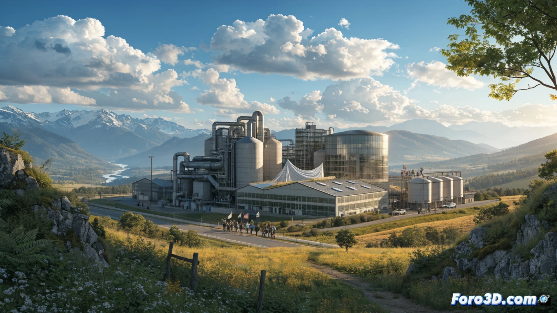 Aerial view of rural farmland with a massive industrial biogas plant construction being halted mid-build, cranes idle, concrete foundations exposed, protest signs held by a small group of residents at the site entrance, government official handing a document to a project manager, technical blueprint rolled under arm, dust settling over unfinished metal piping and digesters, cinematic photorealistic engineering visualization, dramatic overcast sky, cold natural lighting, detailed industrial machinery and agricultural fields surrounding the scene