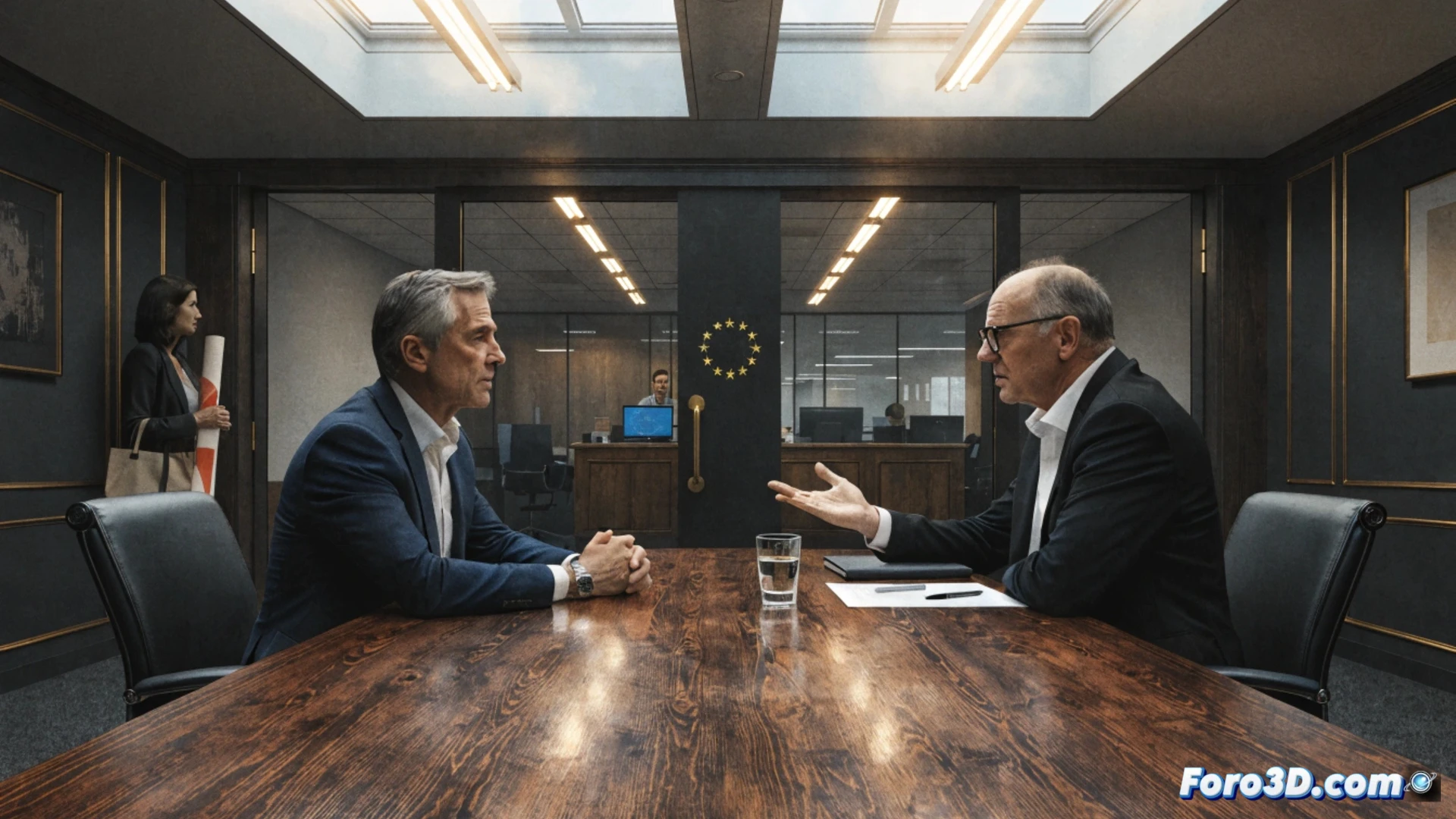 photorealistic cinematic scene of a locked steel gate with a broken game disc jammed inside, a suited executive whispering through the gate to a European Commission official while citizens outside hold petition papers and a digital clock shows a countdown, during a private meeting in a dark Brussels corridor, office lamps casting long shadows, laptop with game server shutdown warning on screen, abandoned gaming mouse and keyboard on a table, dramatic chiaroscuro lighting, ultra-detailed textures of metal and plastic, technical illustration style