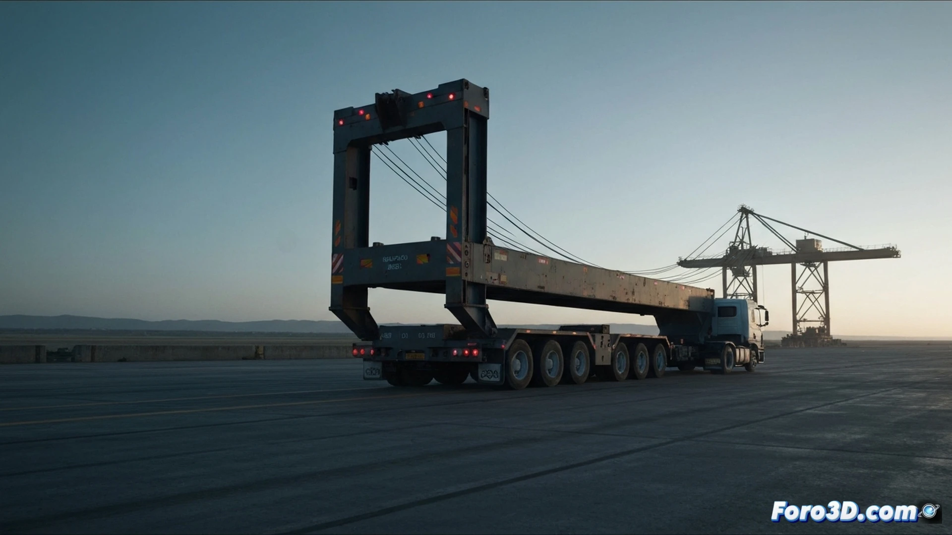 straddle carrier machine tilting dangerously while lifting a 40-foot container at port, container swinging sideways with visible angular momentum, red warning indicator flashing on control panel, software interface screen showing manipulated load limit parameters, LiDAR scan lines and camera feed data overlaying the scene, mechanical spreader beam under stress, concrete dock surface, dramatic industrial lighting, photorealistic technical illustration, cinematic motion blur, detailed hydraulic arms and wheels, safety zone markings on ground, high-angle shot capturing imbalance and near-collision