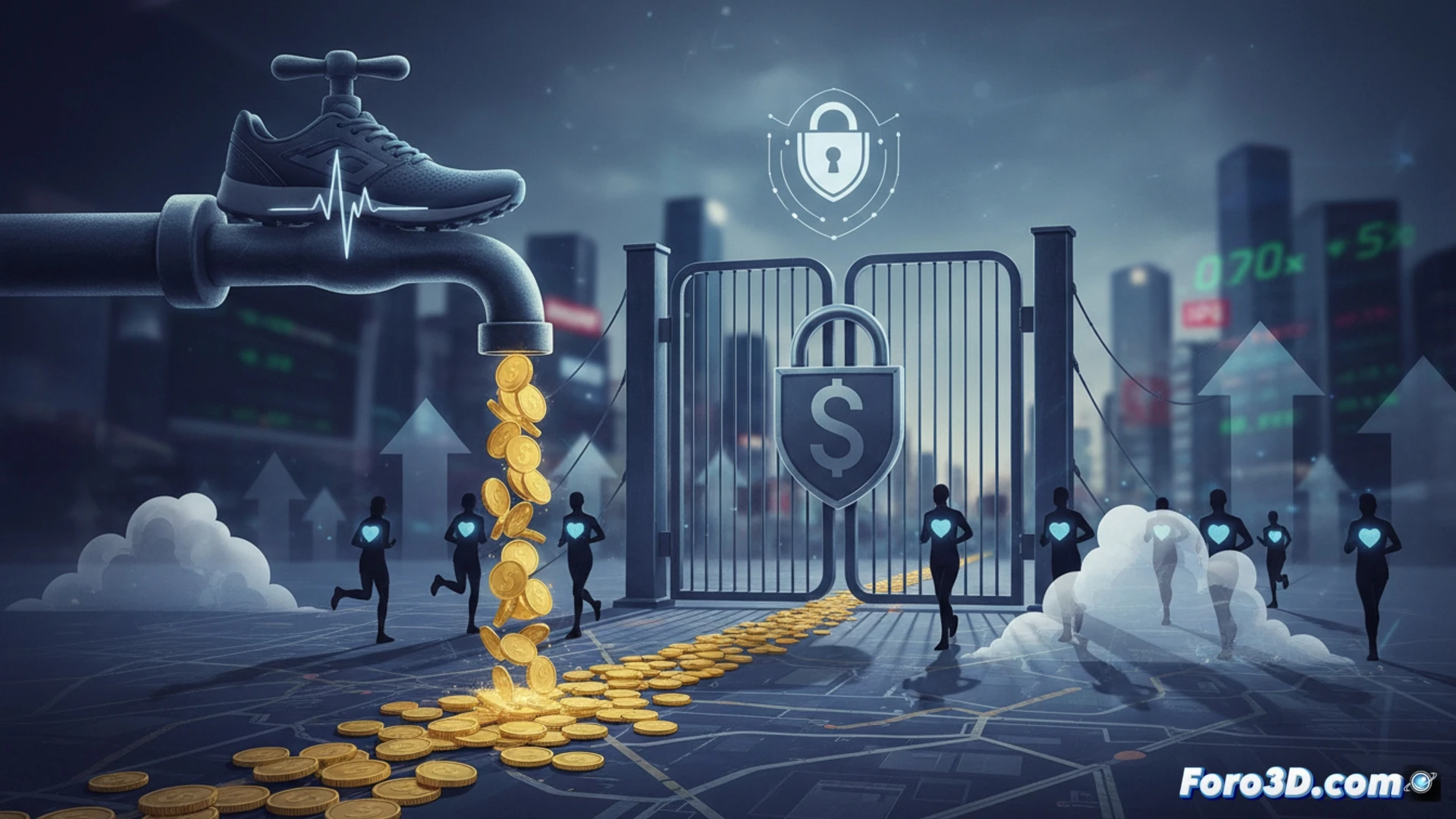 Strava API access gate closing on a smartphone screen, glowing red lock icon over a runner's route map with heart rate data points, developer tools and code interface fading into shadow outside the gate, a runner silhouette mid-stride on a treadmill below the screen, data streams turning into coins falling into a corporate vault, cinematic technical illustration, photorealistic 3D render, dark blue and orange neon lighting, reflective glass surface, motion blur on the running figure, ultra-detailed UI elements and server rack background, dramatic contrast between open data pathways and locked sections.