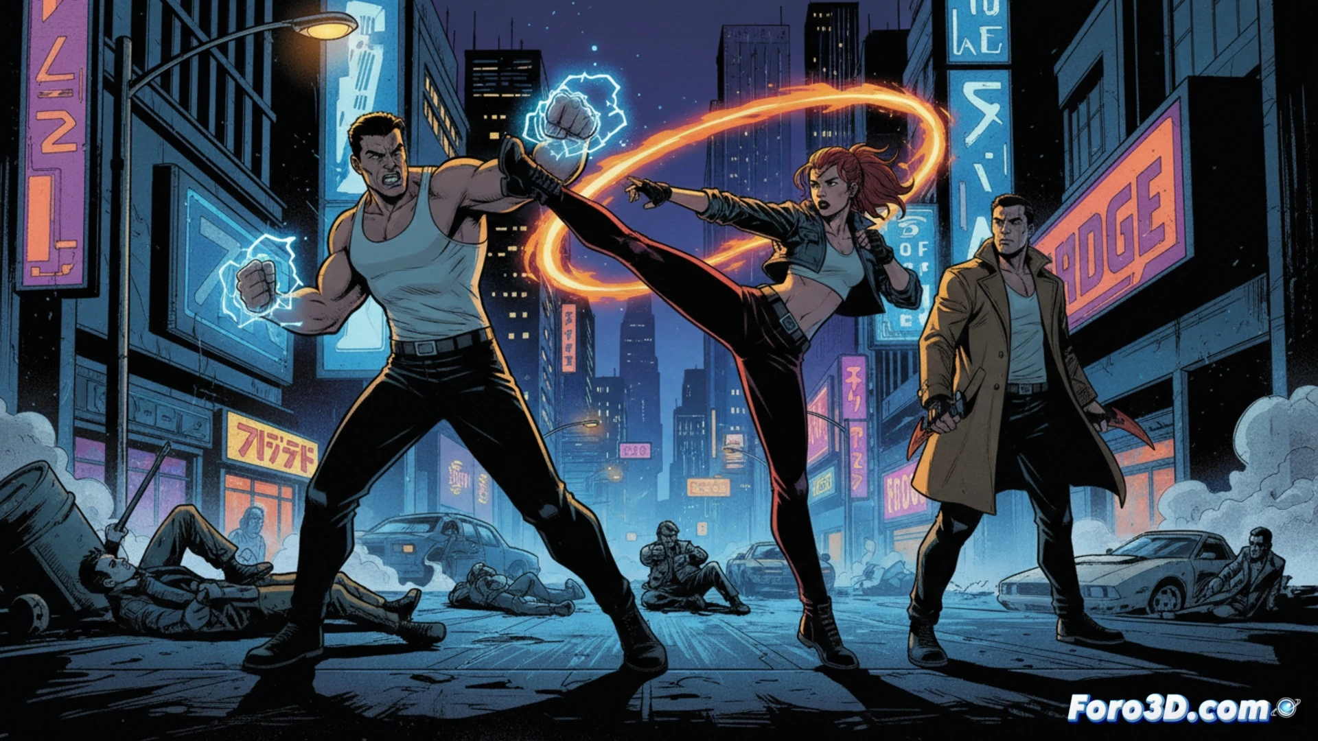nighttime urban street scene, two characters in retro 90s jackets fighting against a group of thugs near a neon-lit arcade, one character performing a spinning kick while debris scatters from a shattered wooden crate, motion blur on fists and feet, glowing streetlamp casting dramatic shadows, graffiti-covered brick wall in background, cinematic action shot, photorealistic style, wide-angle lens perspective, sparks flying from a broken metal pipe, loose asphalt chunks suspended mid-air, dark cyberpunk atmosphere with vibrant purple and blue neon reflections