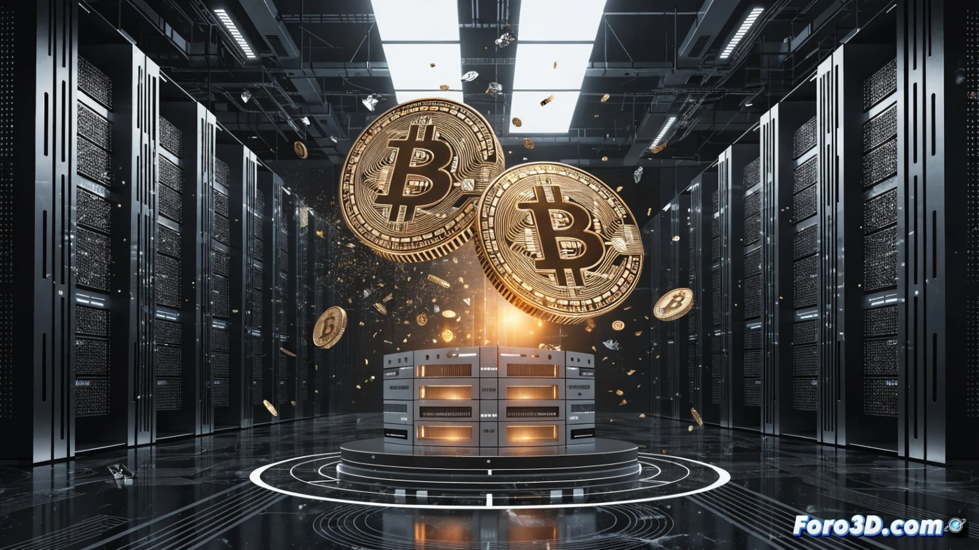 Corporate treasury team inserting bitcoin into a secure vault while holographic blockchain network displays transaction confirmation, 759 new coins flowing as glowing digital blocks into a transparent safe marked with 19,864 total, server racks and cold storage hardware visible in background, data cables transmitting encrypted signals, photorealistic cinematic visualization, dramatic blue and gold lighting, metallic surfaces with reflections, real-time financial dashboard on curved monitors showing rising bitcoin price chart, ultra-detailed engineering aesthetic, technical illustration style, high contrast shadows and highlights, action of accumulation process demonstrated