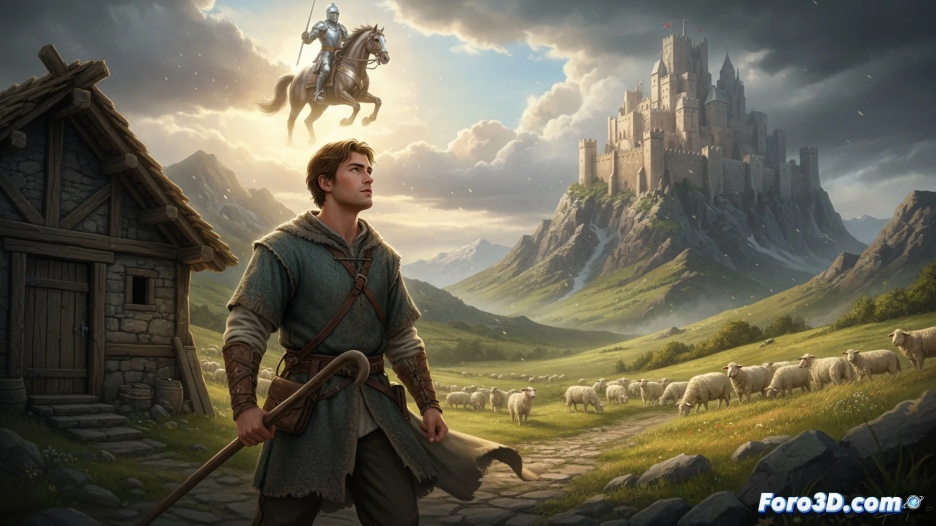 medieval shepherd in worn leather tunic standing on muddy hilltop at dawn, hands gripping a simple wooden staff, eyes fixed on distant stone castle under storm clouds, Unreal Engine 5 photorealistic rendering, dynamic weather system showing rain streaks and wind-swept grass, castle siege towers and trebuchets in background under construction, cinematic golden hour lighting with volumetric fog, dust particles rising from army camp, ultra-detailed armor pieces scattered at his feet, dramatic contrast between humble shepherd tools and knightly siege engines, historical fantasy technical illustration