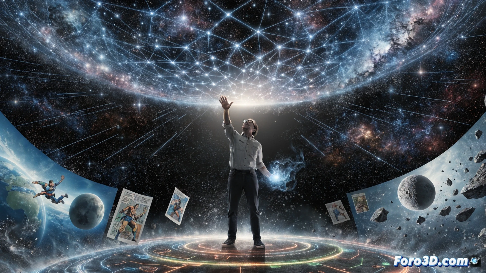 Stuart de pie frente a una grieta interdimensional brillante dentro de su tienda de cómics, sosteniendo un dispositivo portátil con circuitos expuestos y antenas rotas, mientras figuras borrosas de versiones alternativas de sí mismo cruzan el portal, estanterías de cómics distorsionándose por ondas de energía, mostrando el proceso de apertura del multiverso, ilustración técnica cinematográfica, iluminación neón azul y naranja, polvo flotando en el aire, texturas realistas de papel y plástico, estilo photorealistic render