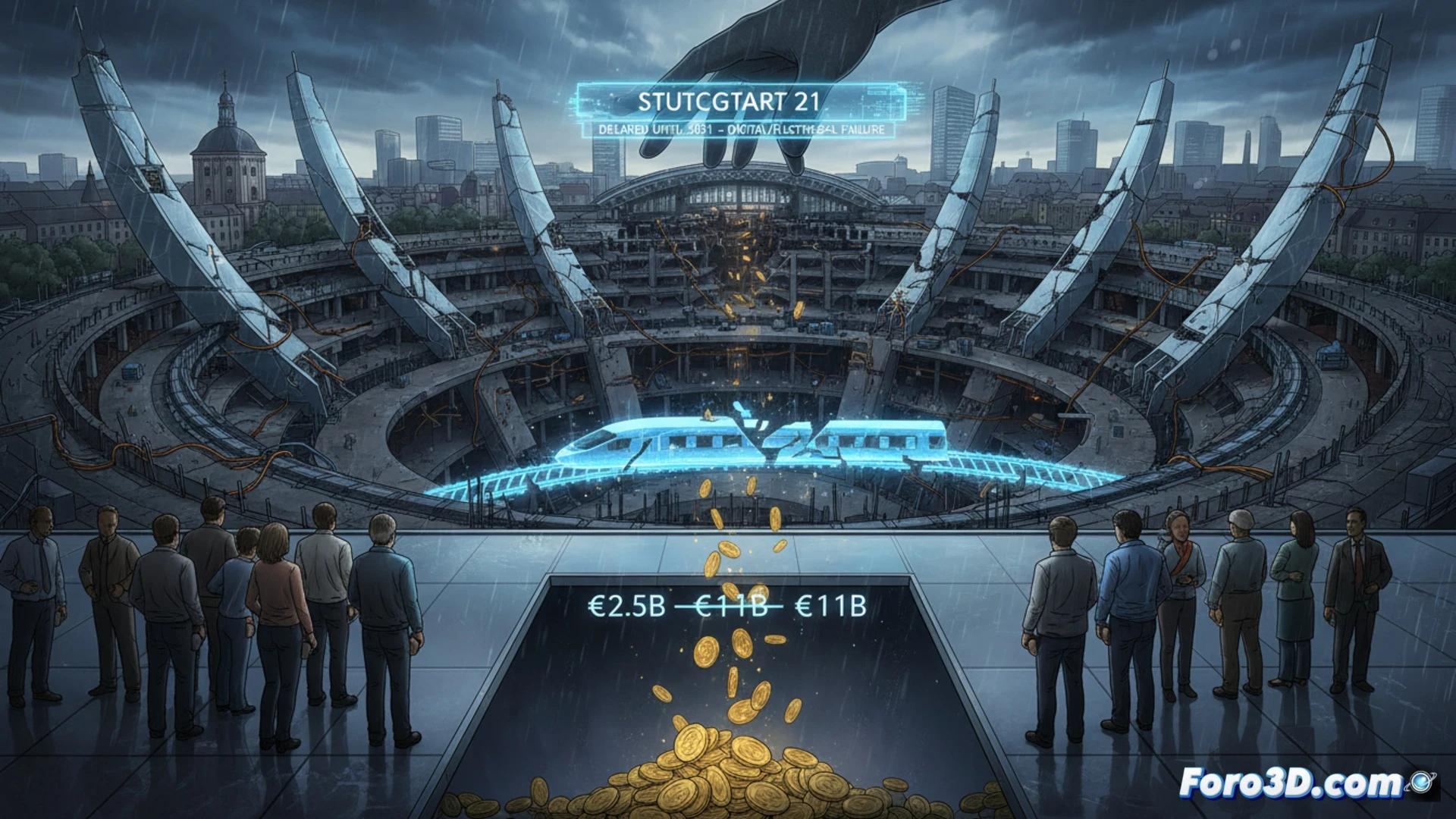Stylized digital construction site with a massive dark tunnel pit at center, tangled bundles of fiber optic cables and exposed wiring hanging from concrete walls, workers in orange vests pointing at a large glowing digital screen showing an error code 2031, scattered engineering laptops with electrical schematics on the ground, drill rigs idle in background, flickering emergency lights casting long shadows, photorealistic industrial visualization, dramatic contrast between bright digital displays and dusty underground darkness, ultra-detailed cable conduits and metal scaffolding, cinematic technical illustration