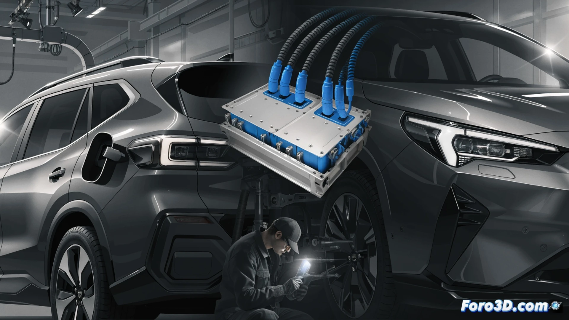 Subaru electric SUV on a hydraulic lift in a dealership service bay, mechanic connecting a diagnostic tablet to the vehicle OBD port while a digital service timeline hologram projects a 10-year maintenance schedule, glowing orange warranty document being handed to a customer in the background, official Subaru tools and software interface visible, clean white workshop lighting, photorealistic technical illustration, cinematic depth of field, metallic body panels reflecting service bay lights, precise engineering visualization