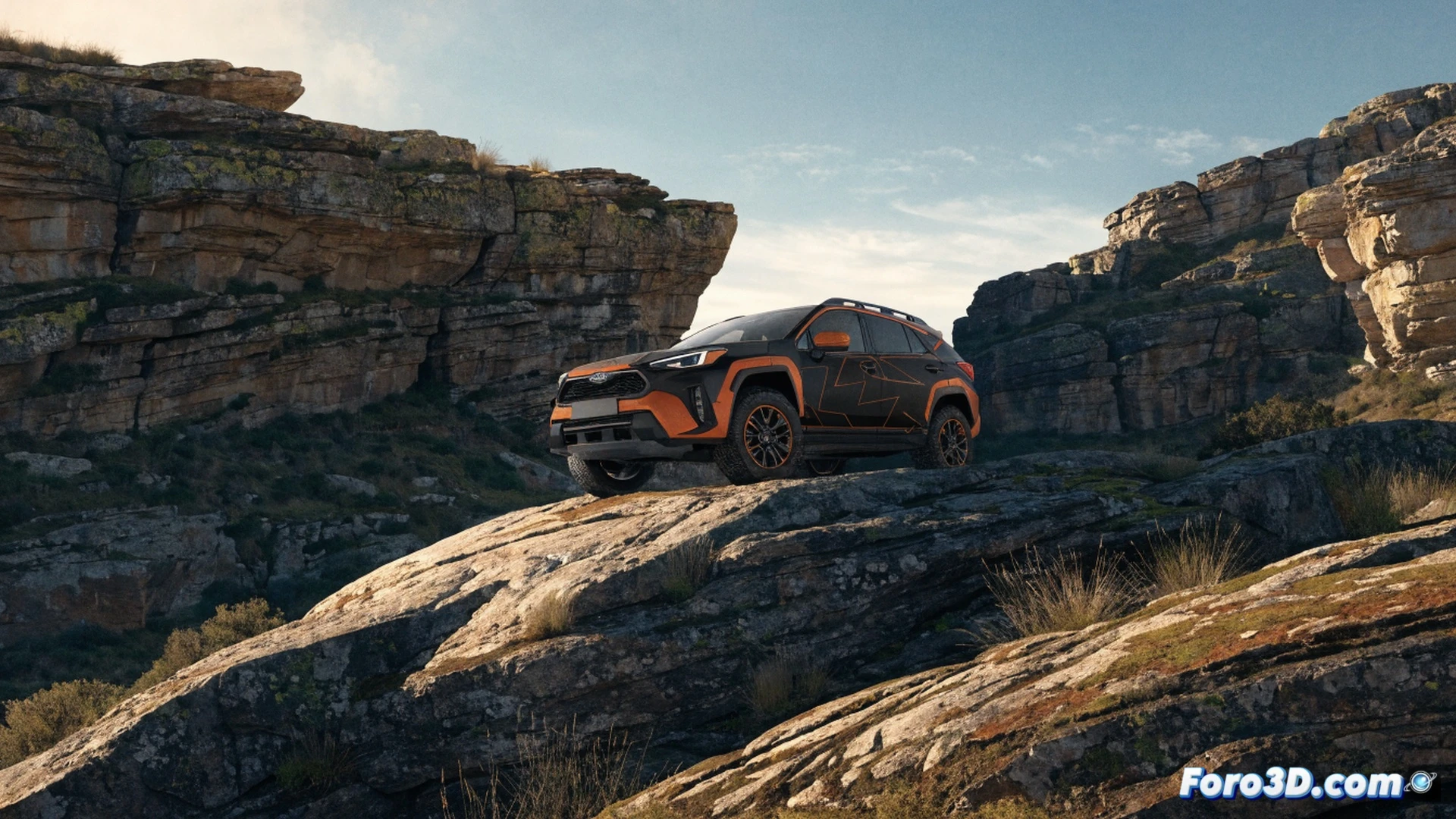 Subaru Crosstrek 4Wild híbrido en acción todoterreno, ruedas traseras levantando polvo sobre un camino de tierra mojado, neumáticos de tacos profundos girando sobre rocas sueltas, suspensión en compresión extrema mostrando el sistema 4x4 real, capó negro mate con detalles naranja bajo luz lateral de atardecer, salpicadero con pantalla digital mostrando flujo de energía híbrido, etiqueta ECO simulada en el parabrisas como reflejo, fondo de bosque nuboso, estilo cinematográfico photorealistic, texturas de barro y goma ultradefinidas, iluminación dramática con destellos anaranjados en los bordes del chasis, render técnico de alta fidelidad.
