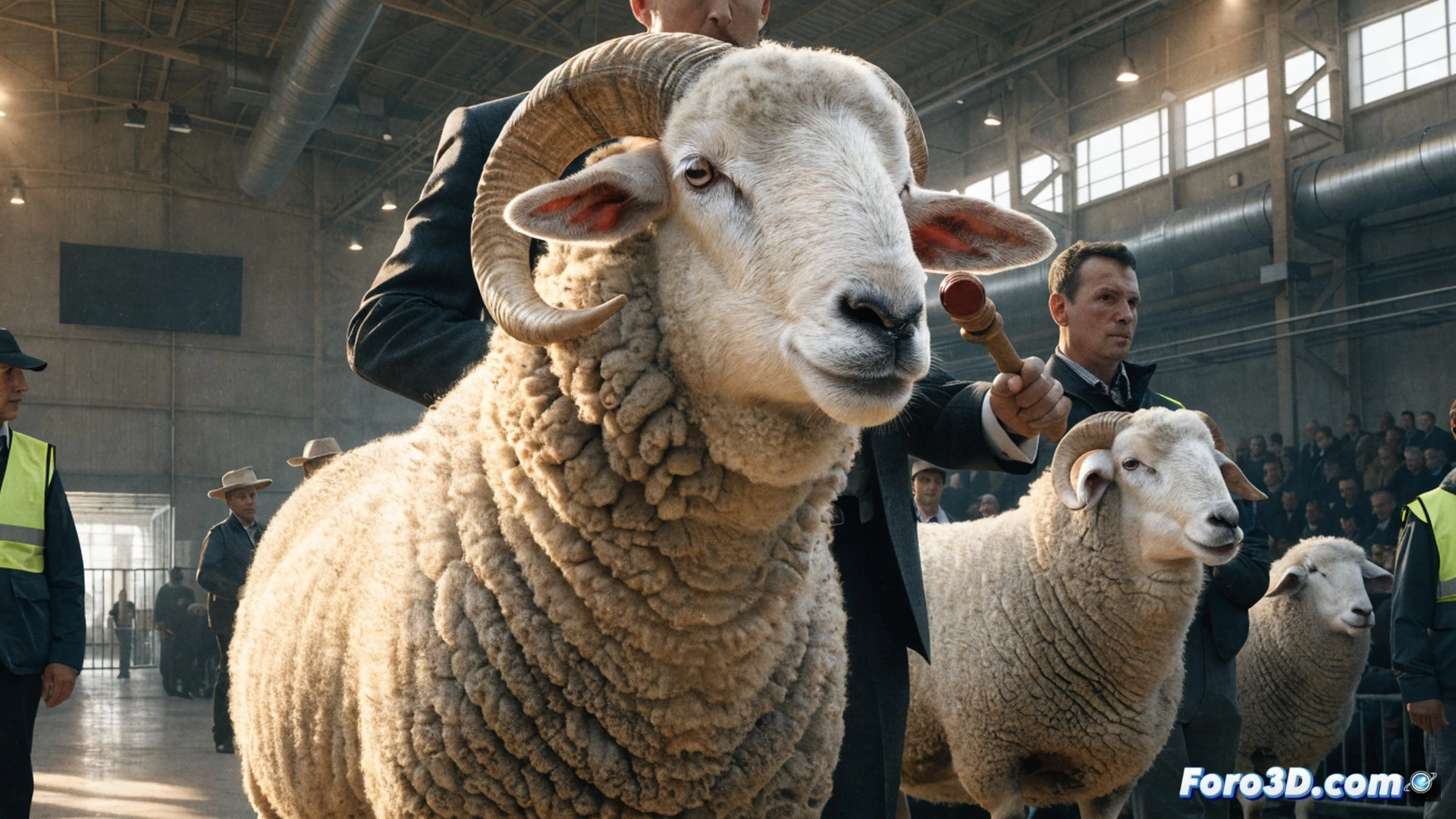 photorealistic technical illustration of livestock auction scene, a purebred Manchega sheep standing on elevated wooden auction platform, auctioneer gesturing with numbered paddle while bidders in the background raise hands, digital price display showing 2200 in green LED numbers, sheep with thick white wool and distinctive red ear tag, barn interior with wooden railings and straw bedding, dramatic spotlight on the animal, dust particles floating in warm golden light, agricultural equipment visible in shadows, ultra-detailed fleece texture and animal anatomy, cinematic auction atmosphere, professional livestock show lighting, 4K photorealistic render