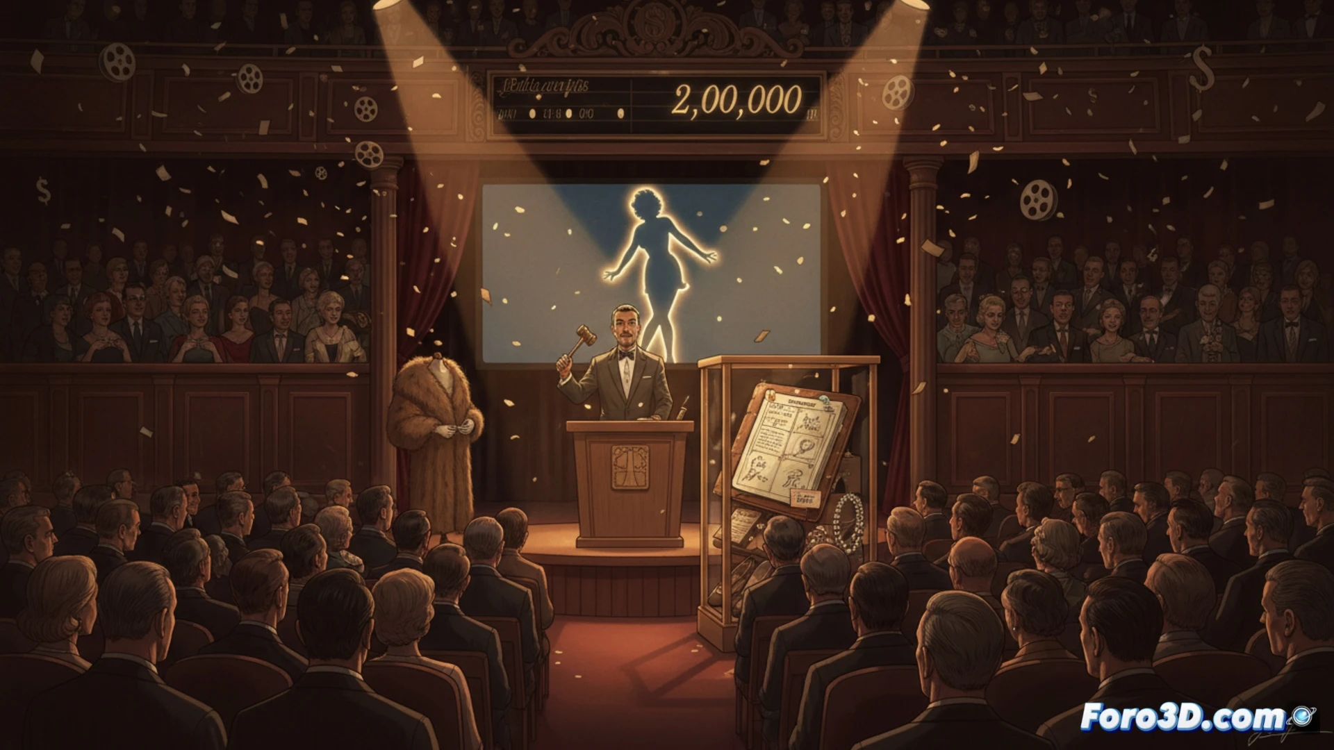 Vintage auction house scene, auctioneer's gavel mid-strike on wooden podium, spotlight beam illuminating a leather-bound personal diary open on velvet display stand, antique vanity mirror reflecting Marilyn Monroe memorabilia lot numbers, scattered vintage cosmetics and silk gloves on auction table, bidder paddles raised in soft focus background, cinematic photorealistic style, warm amber stage lighting contrasting cool blue shadows, ultra-detailed texture of aged paper and gold-tooled leather, dramatic chiaroscuro effect emphasizing the diary's handwritten margin notes, auction catalogues with lot tags visible, dust motes dancing in spotlight beam